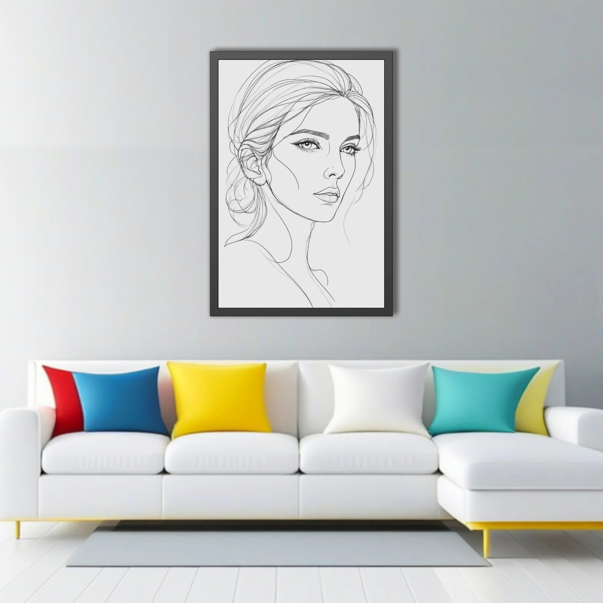 Minimalist line art female portrait, monochrome ink-style sketch with flowing hair