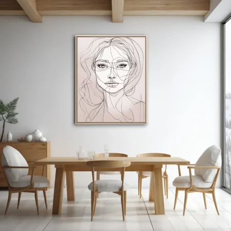 Minimalist line-art portrait of a woman, monochrome ink-style with flowing hair