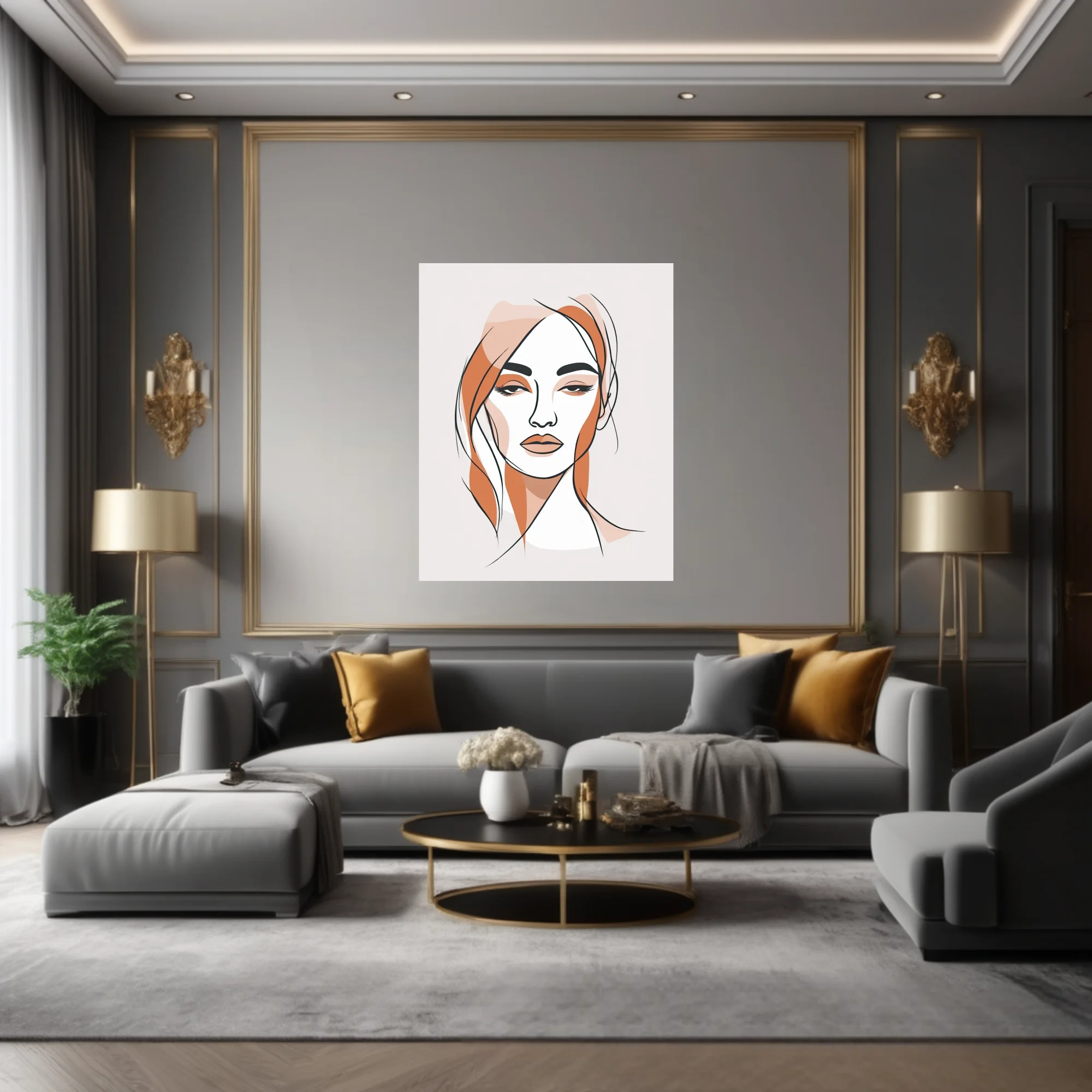 Minimalist line-art woman portrait with terracotta and blush tones