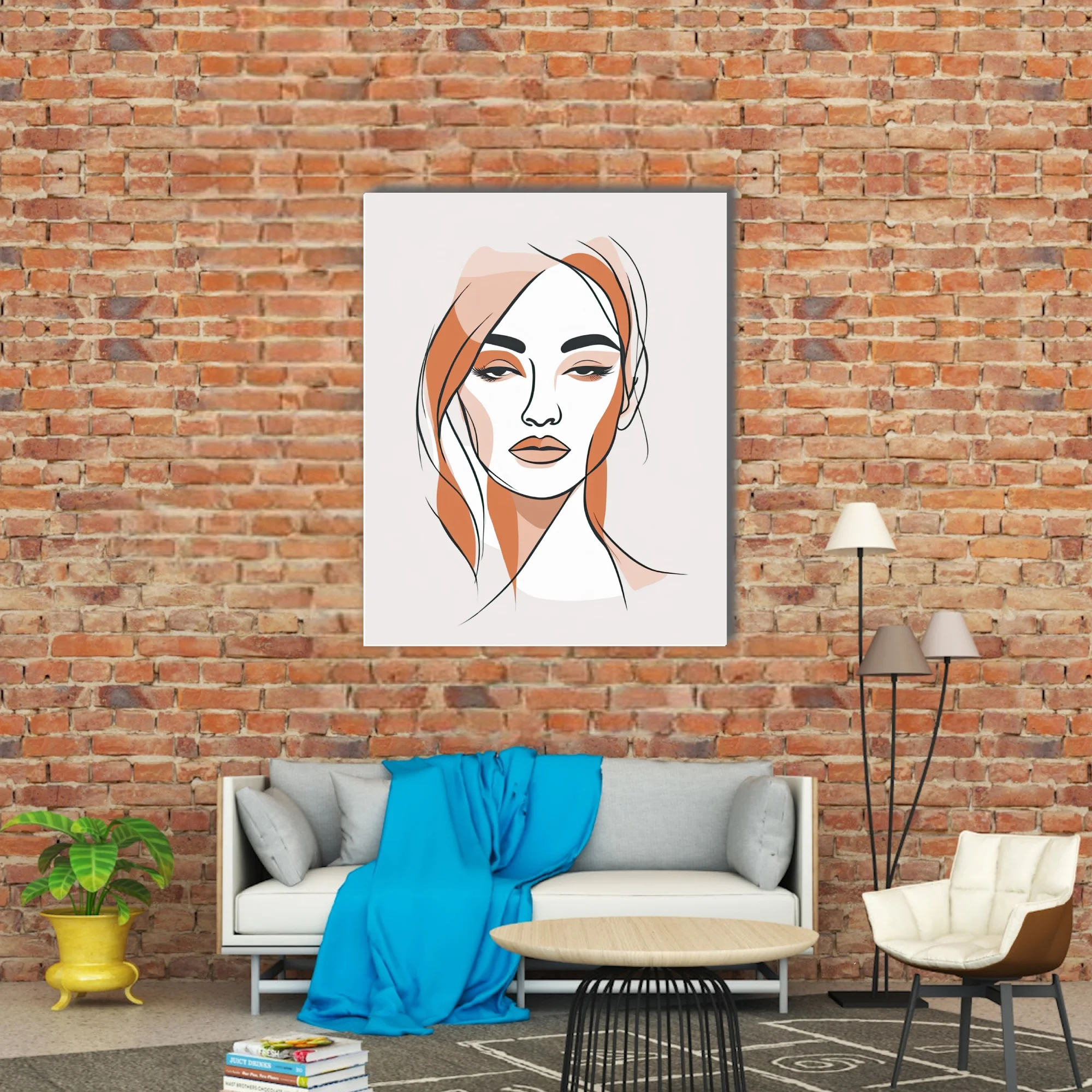Minimalist line-art woman portrait with terracotta and blush tones