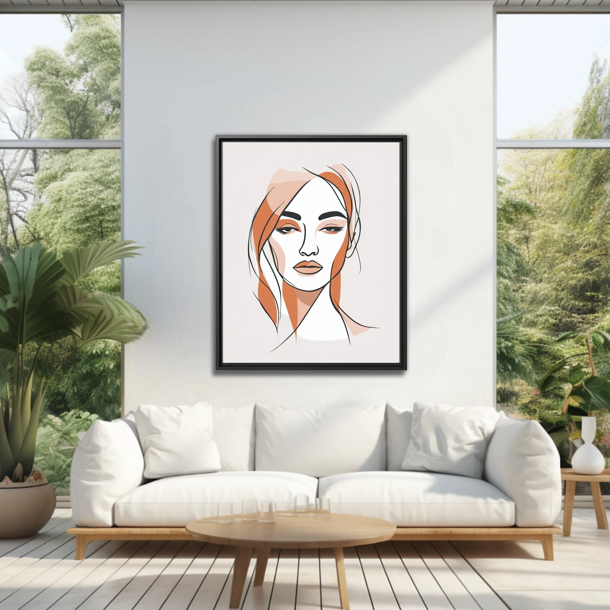 Minimalist line-art woman portrait with terracotta and blush tones