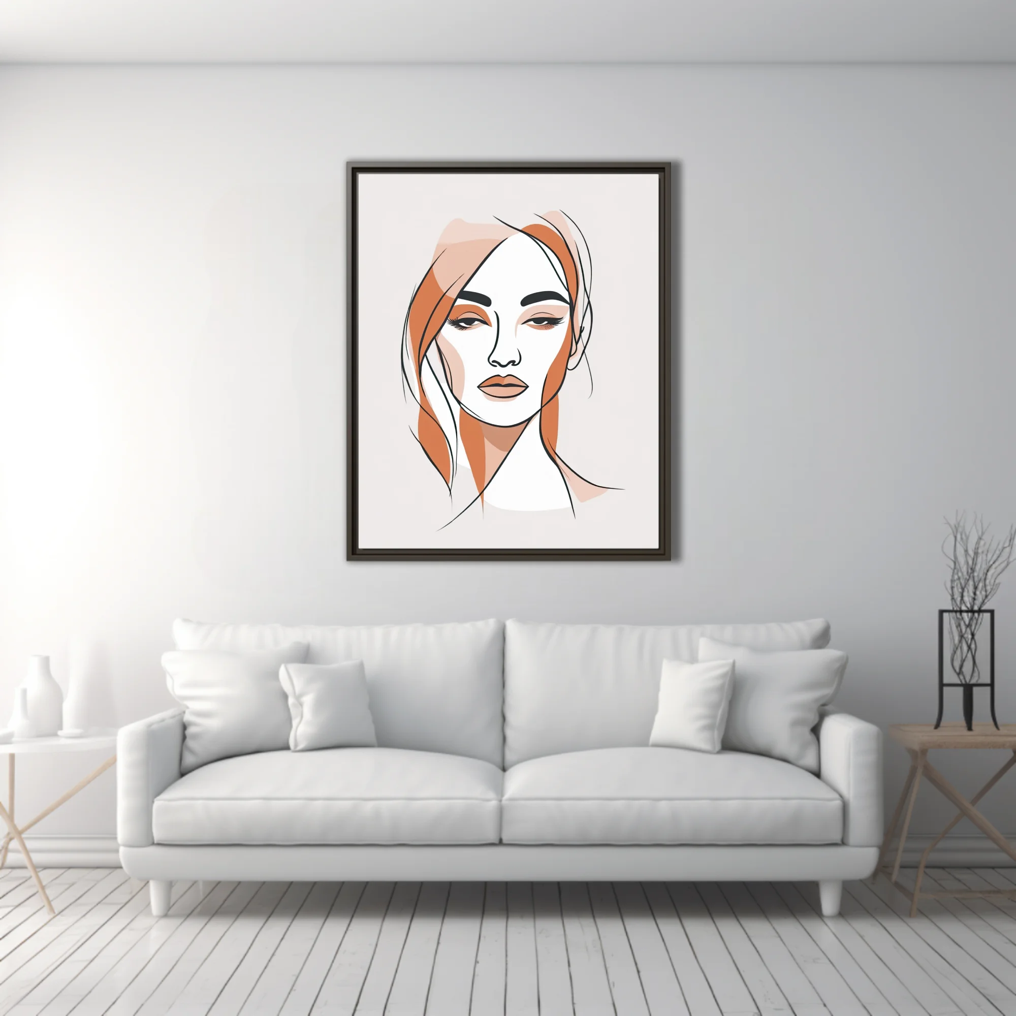 Minimalist line-art woman portrait with terracotta and blush tones