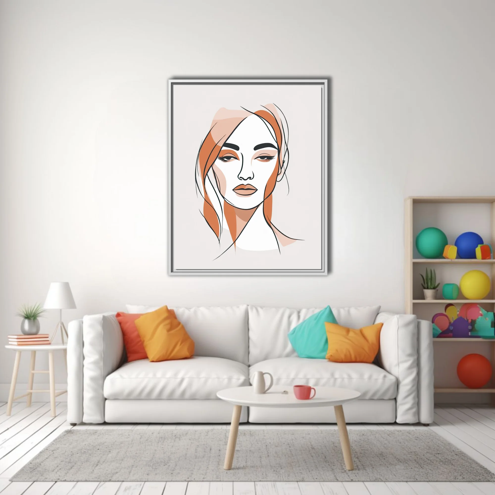 Minimalist line-art woman portrait with terracotta and blush tones