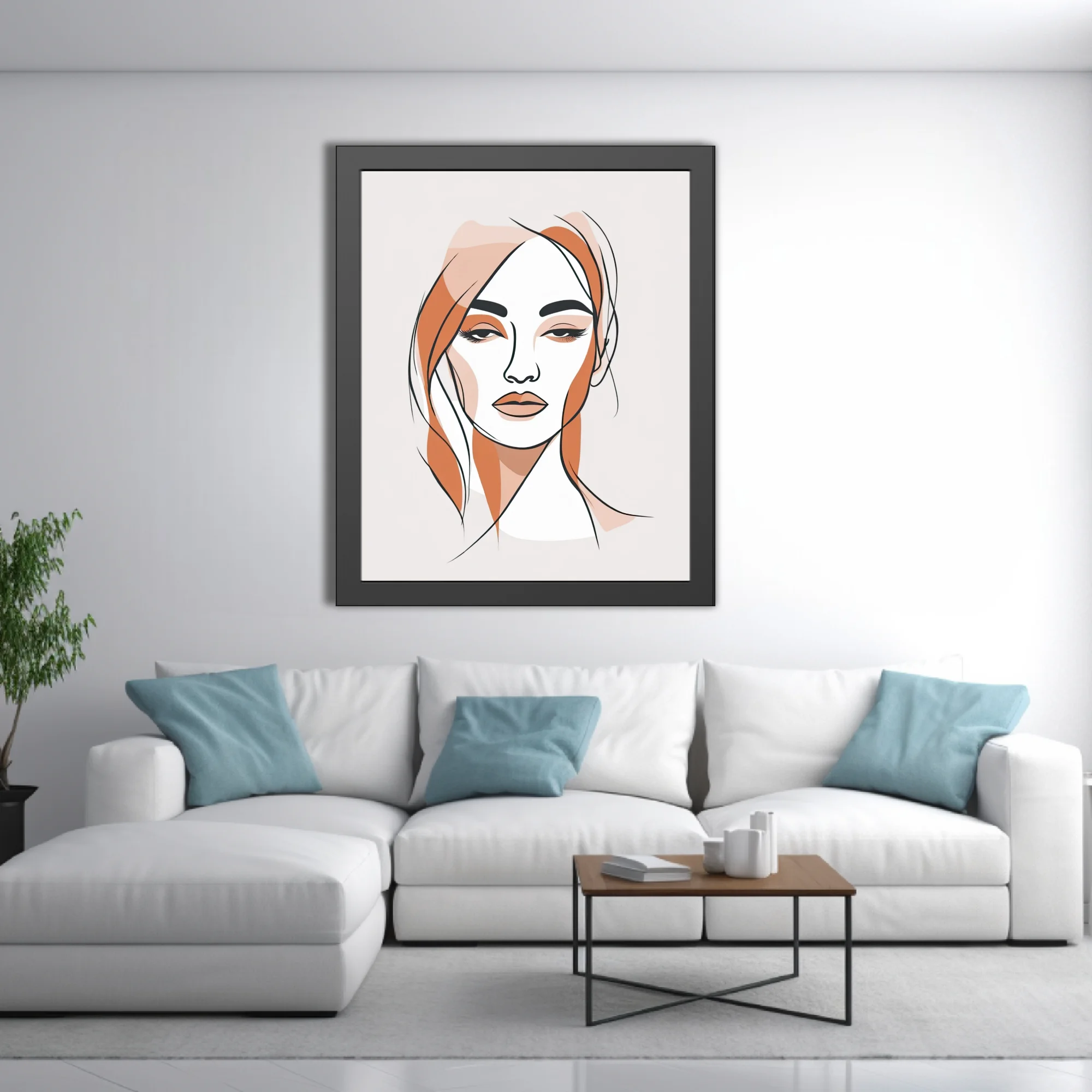 Minimalist line-art woman portrait with terracotta and blush tones