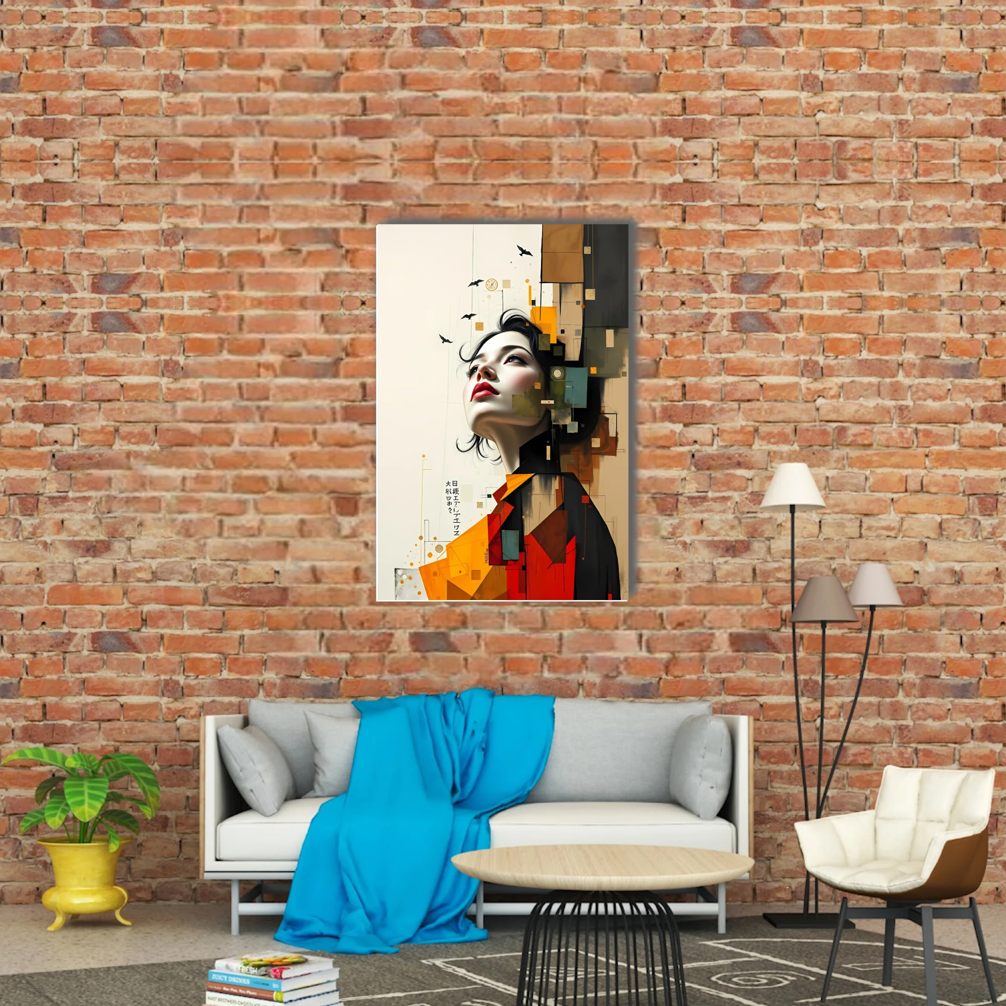 Collage-style portrait of a woman with geometric color blocks in rust, ochre, teal and charcoal