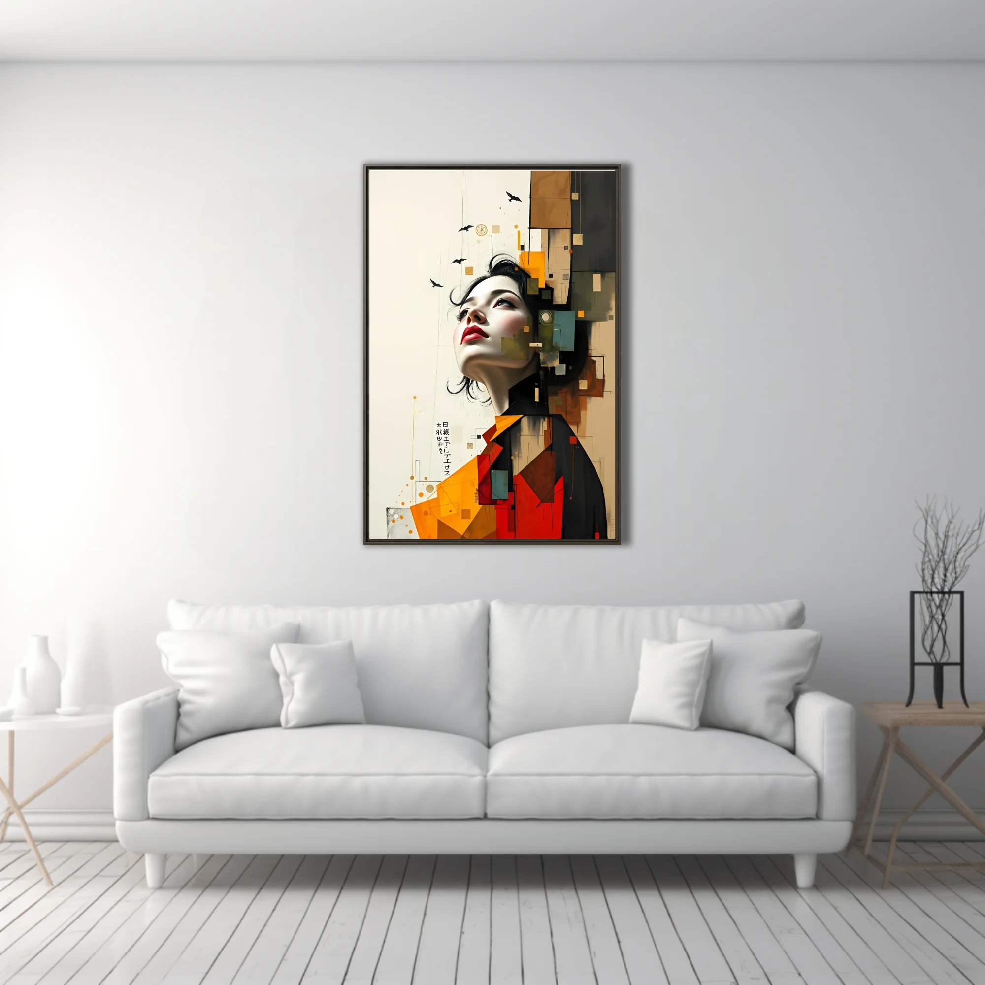 Collage-style portrait of a woman with geometric color blocks in rust, ochre, teal and charcoal