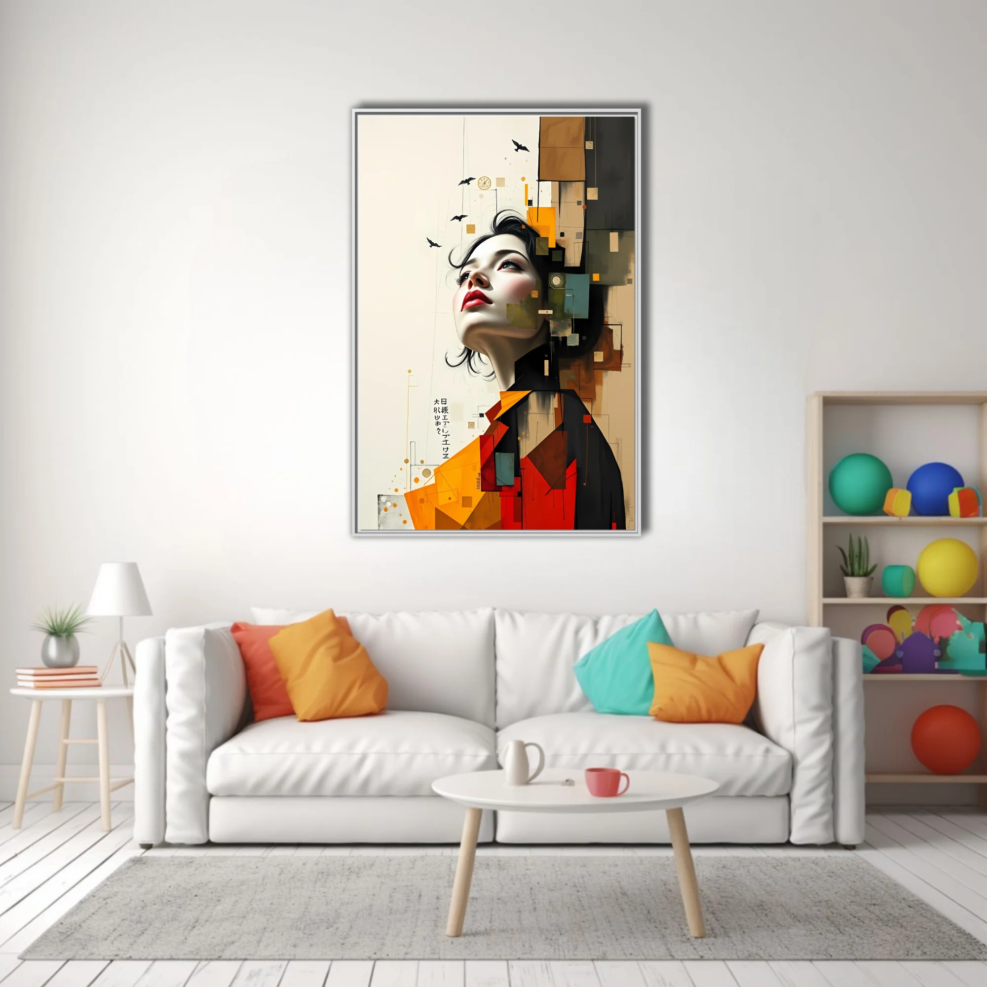 Collage-style portrait of a woman with geometric color blocks in rust, ochre, teal and charcoal