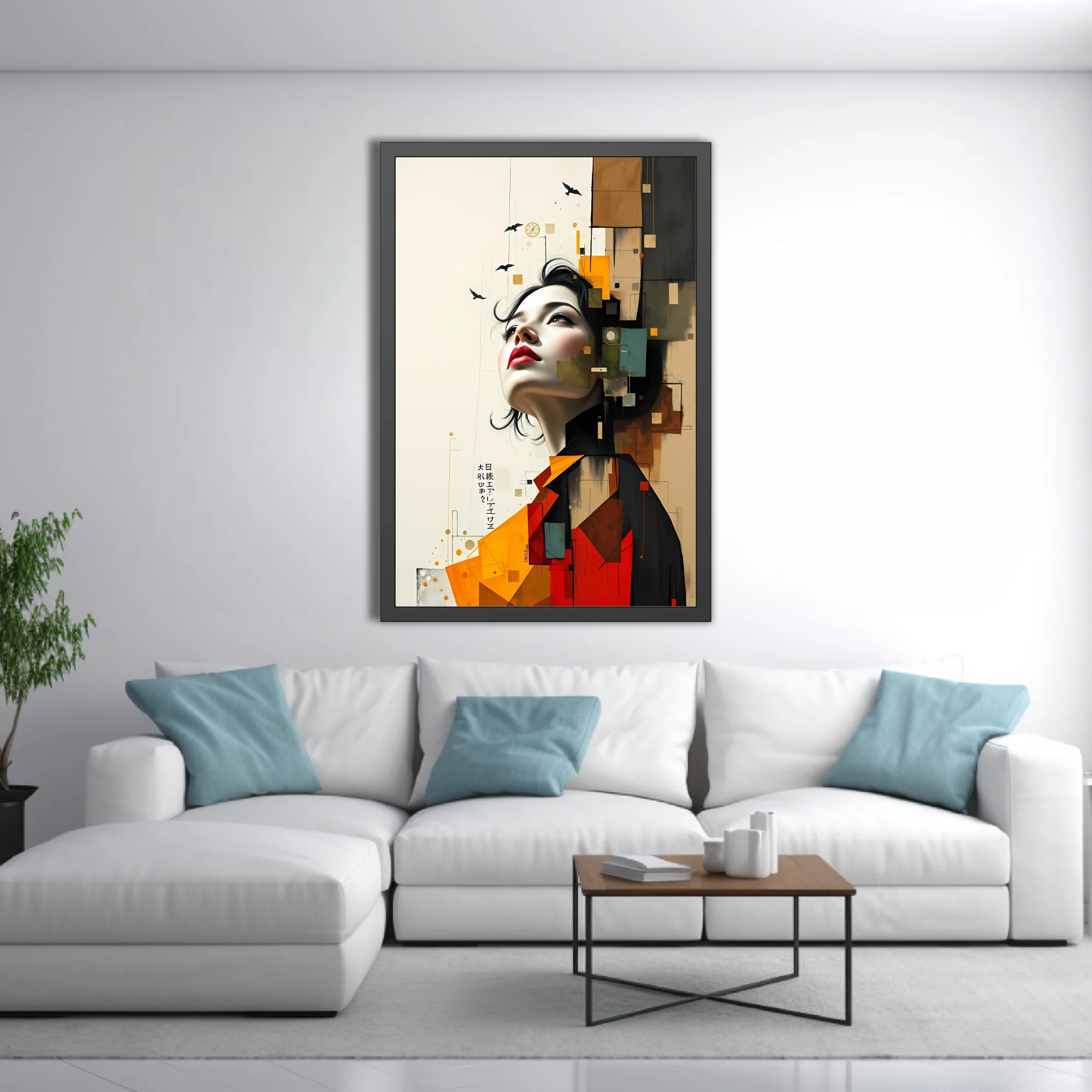 Collage-style portrait of a woman with geometric color blocks in rust, ochre, teal and charcoal