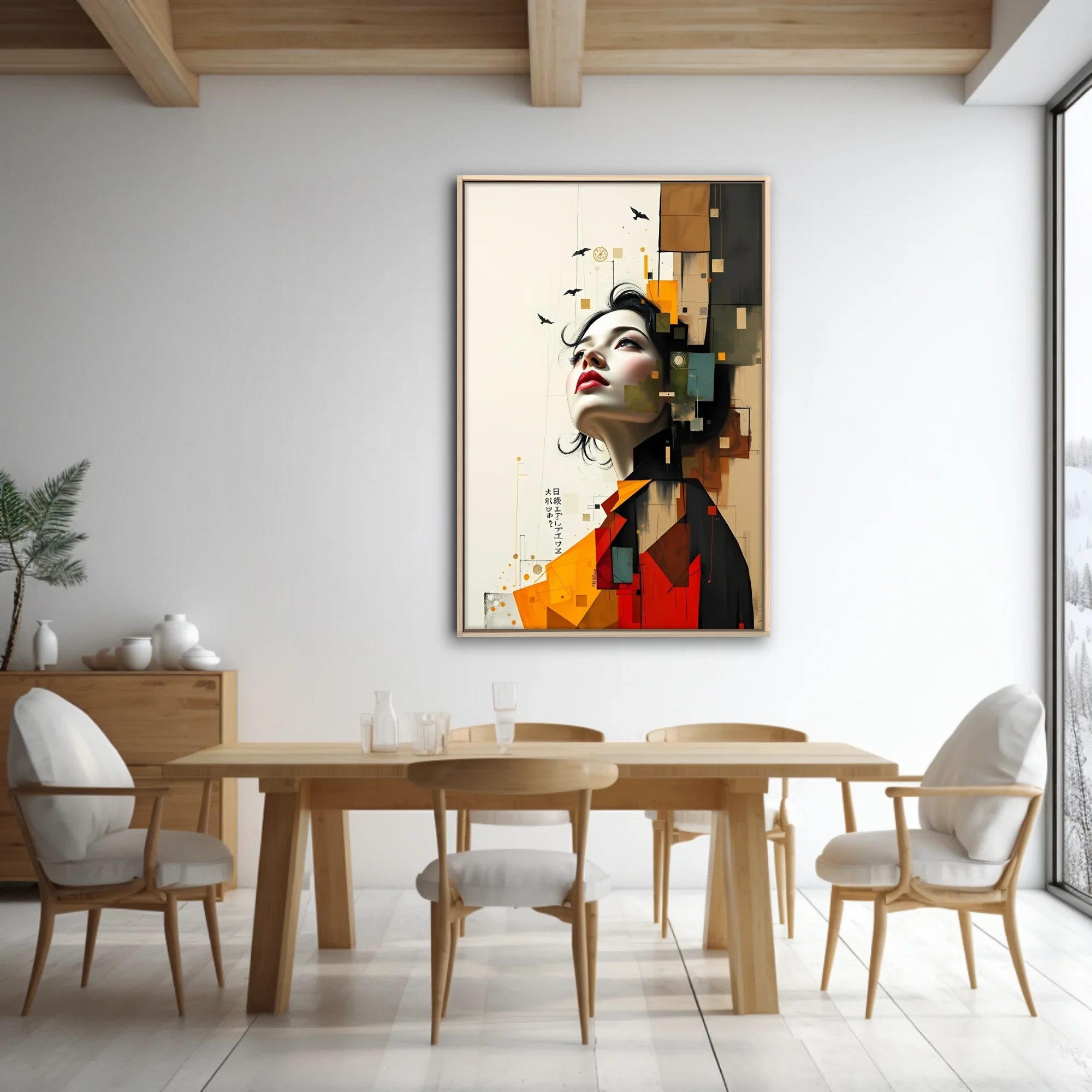 Collage-style portrait of a woman with geometric color blocks in rust, ochre, teal and charcoal