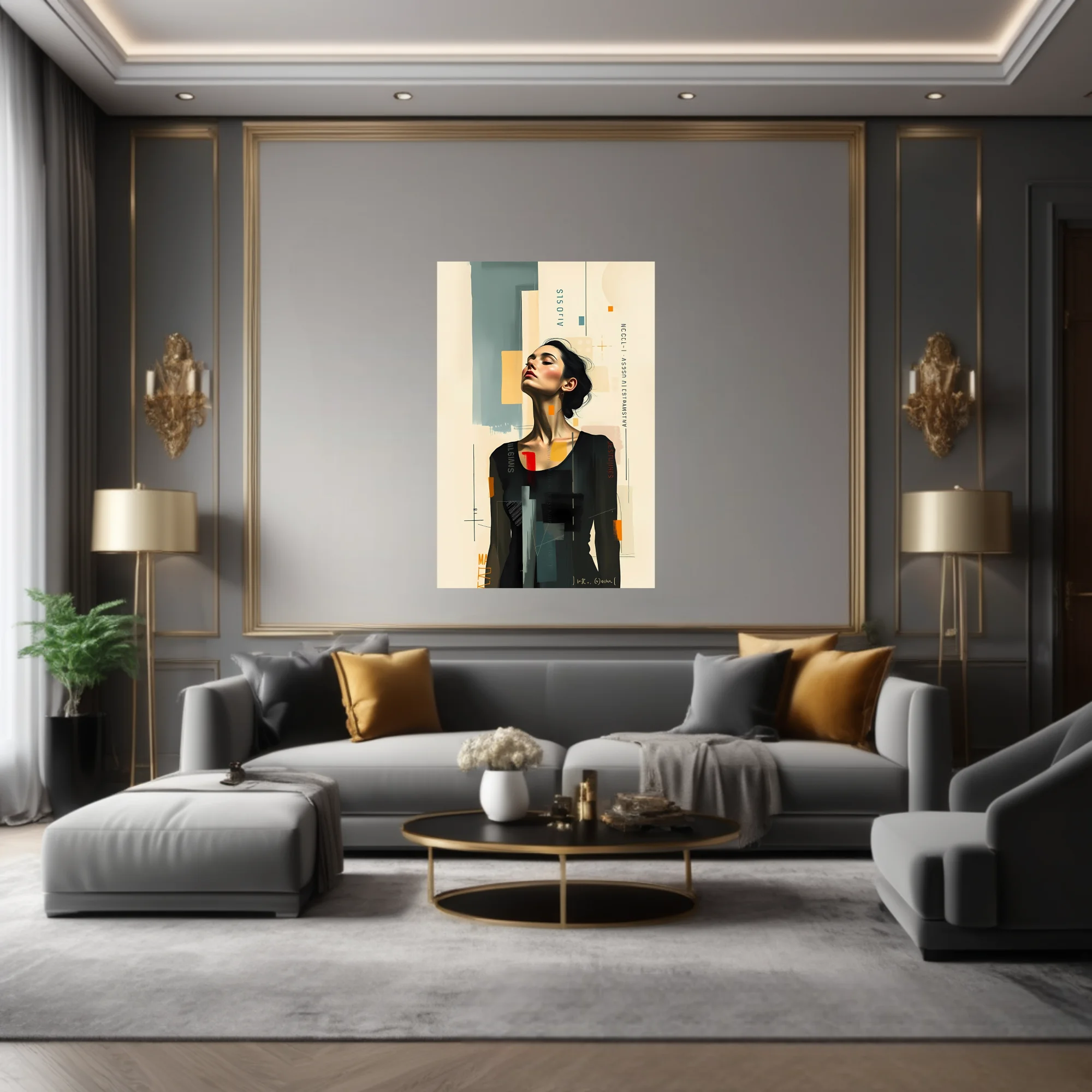 Abstract editorial portrait of a woman, mixed-media collage style, neutral tones with bold color accents