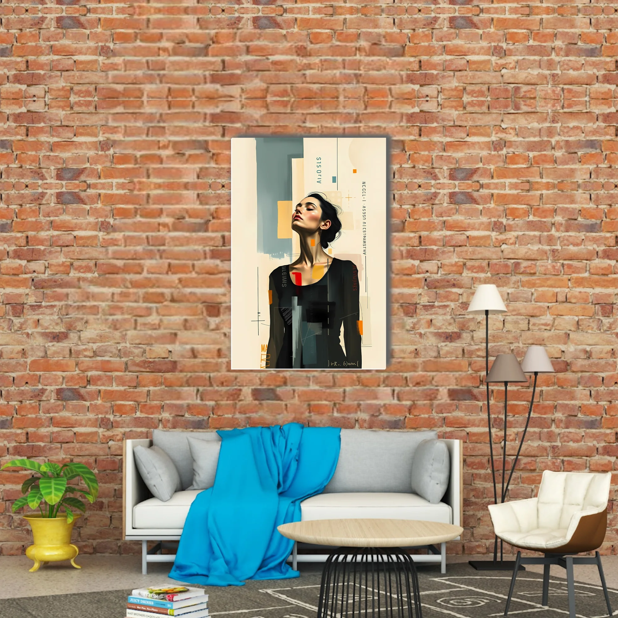 Abstract editorial portrait of a woman, mixed-media collage style, neutral tones with bold color accents