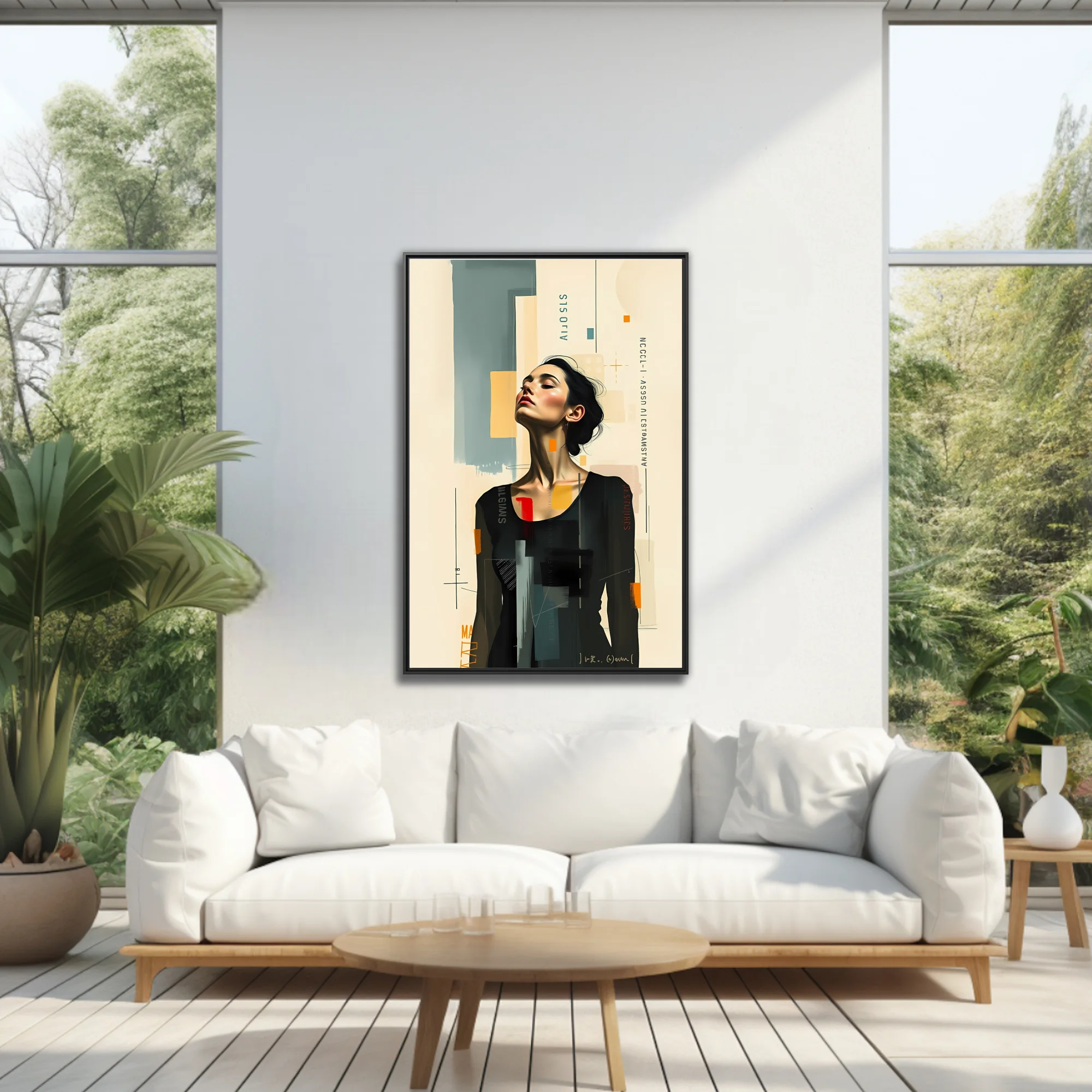 Abstract editorial portrait of a woman, mixed-media collage style, neutral tones with bold color accents