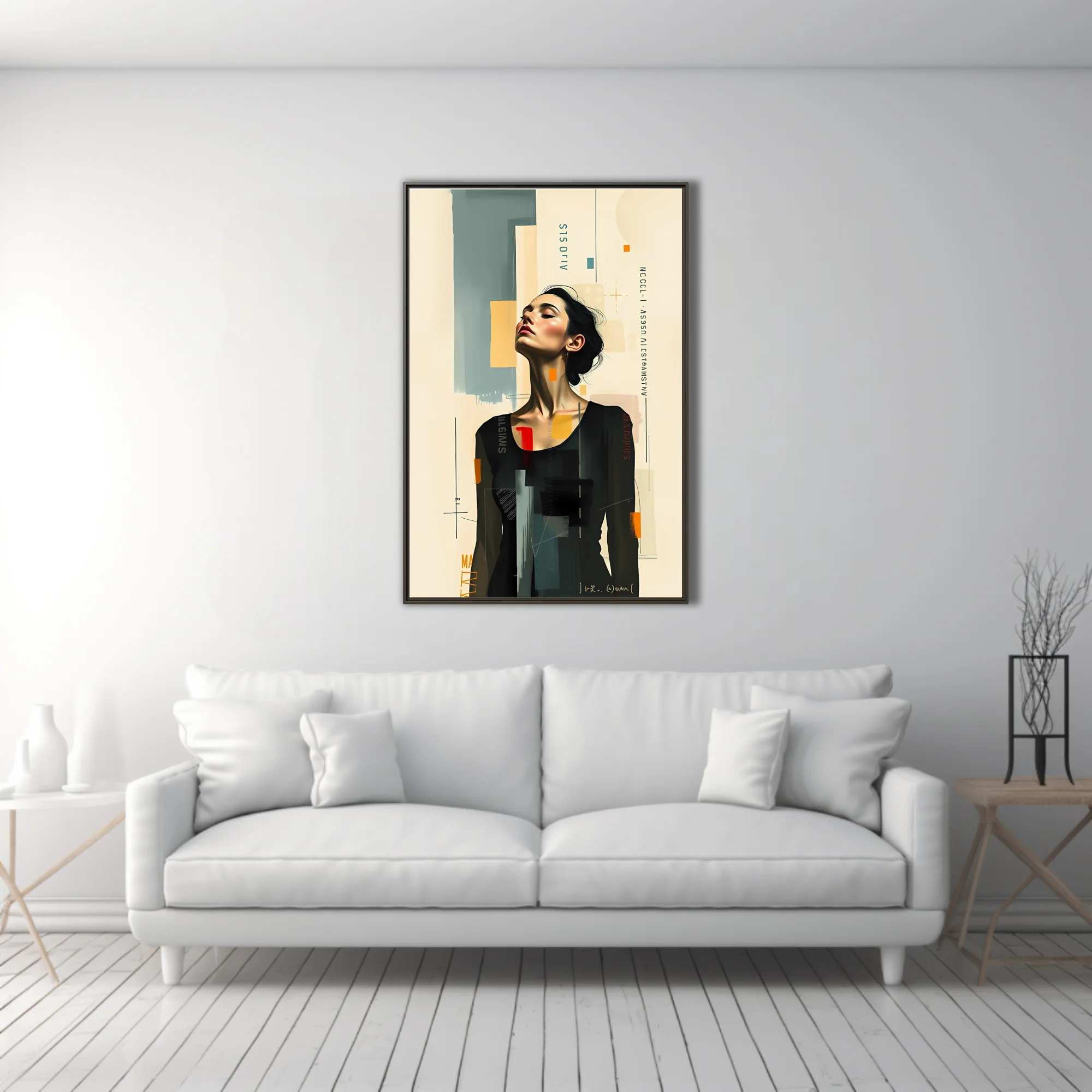 Abstract editorial portrait of a woman, mixed-media collage style, neutral tones with bold color accents
