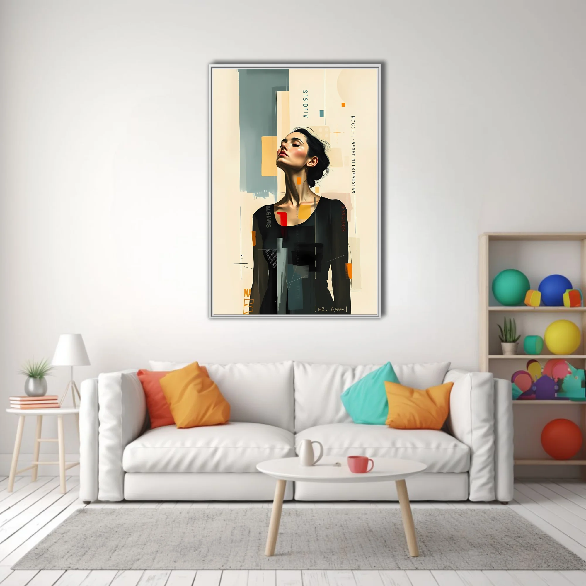 Abstract editorial portrait of a woman, mixed-media collage style, neutral tones with bold color accents