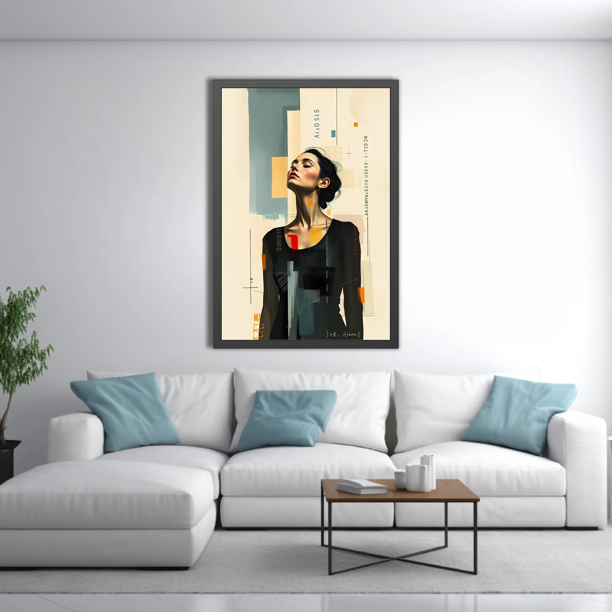 Abstract editorial portrait of a woman, mixed-media collage style, neutral tones with bold color accents