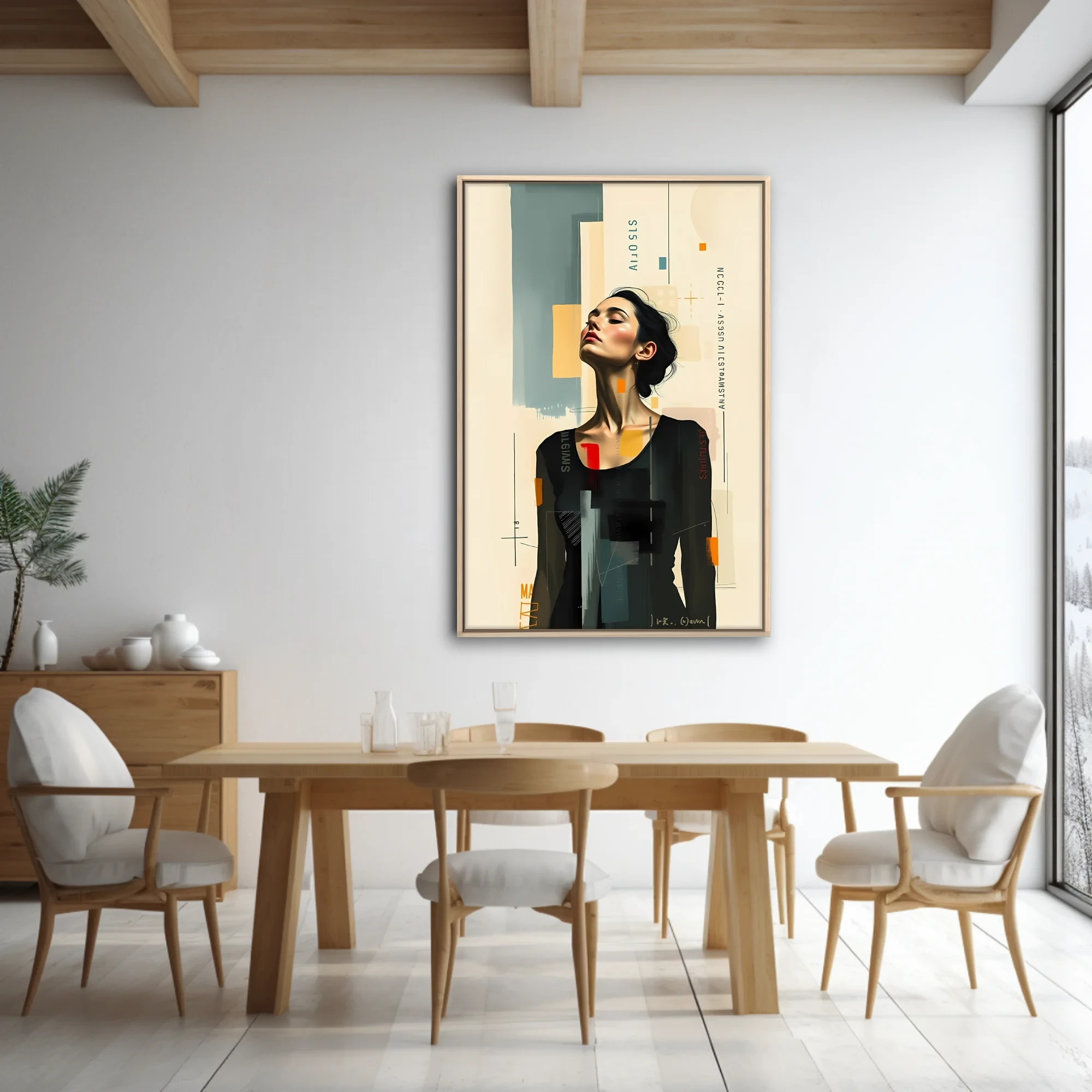 Abstract editorial portrait of a woman, mixed-media collage style, neutral tones with bold color accents