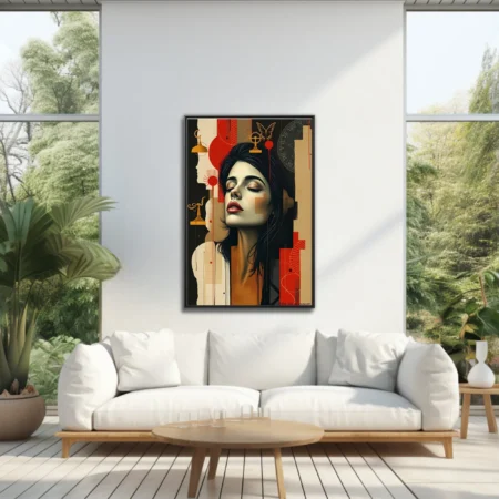 Dreamlike woman portrait collage-style red ochre black symbolic motifs dreamlike
