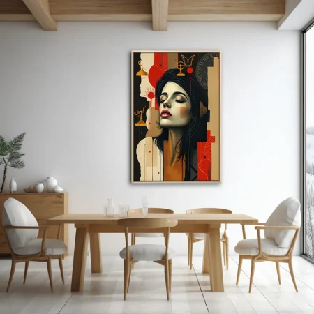 Dreamlike woman portrait collage-style red ochre black symbolic motifs dreamlike