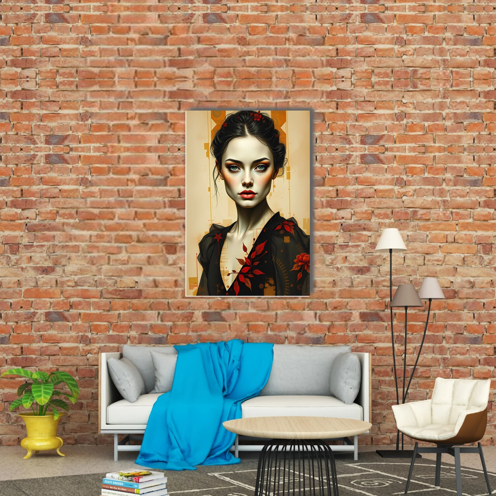 Stylized portrait illustration, pale skin, red floral motifs, black garment, amber geometric background