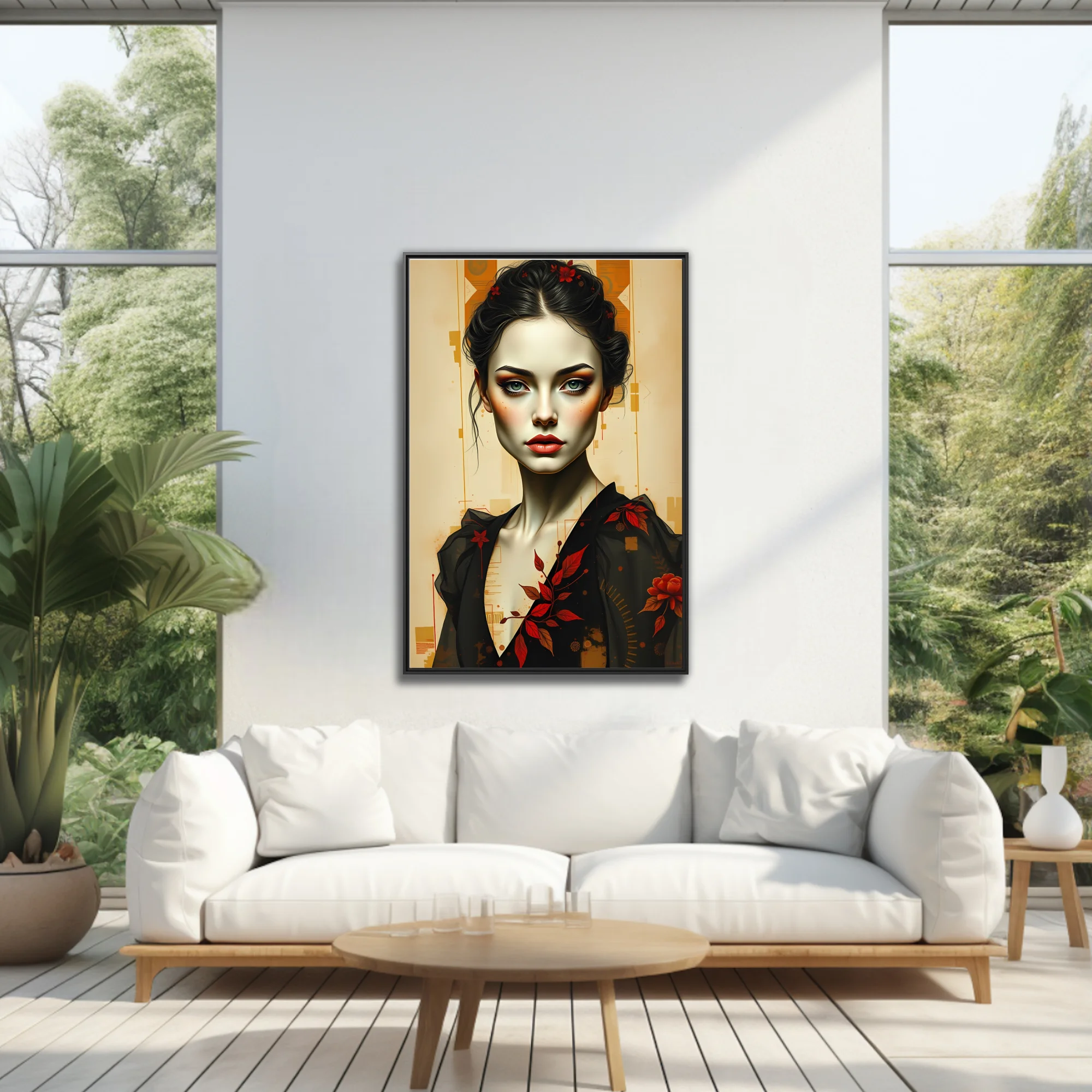 Stylized portrait illustration, pale skin, red floral motifs, black garment, amber geometric background