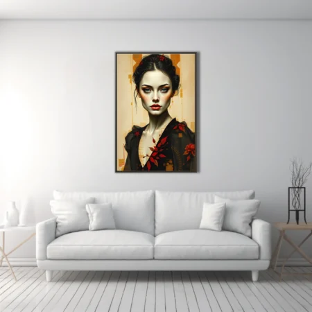 Stylized portrait illustration, pale skin, red floral motifs, black garment, amber geometric background