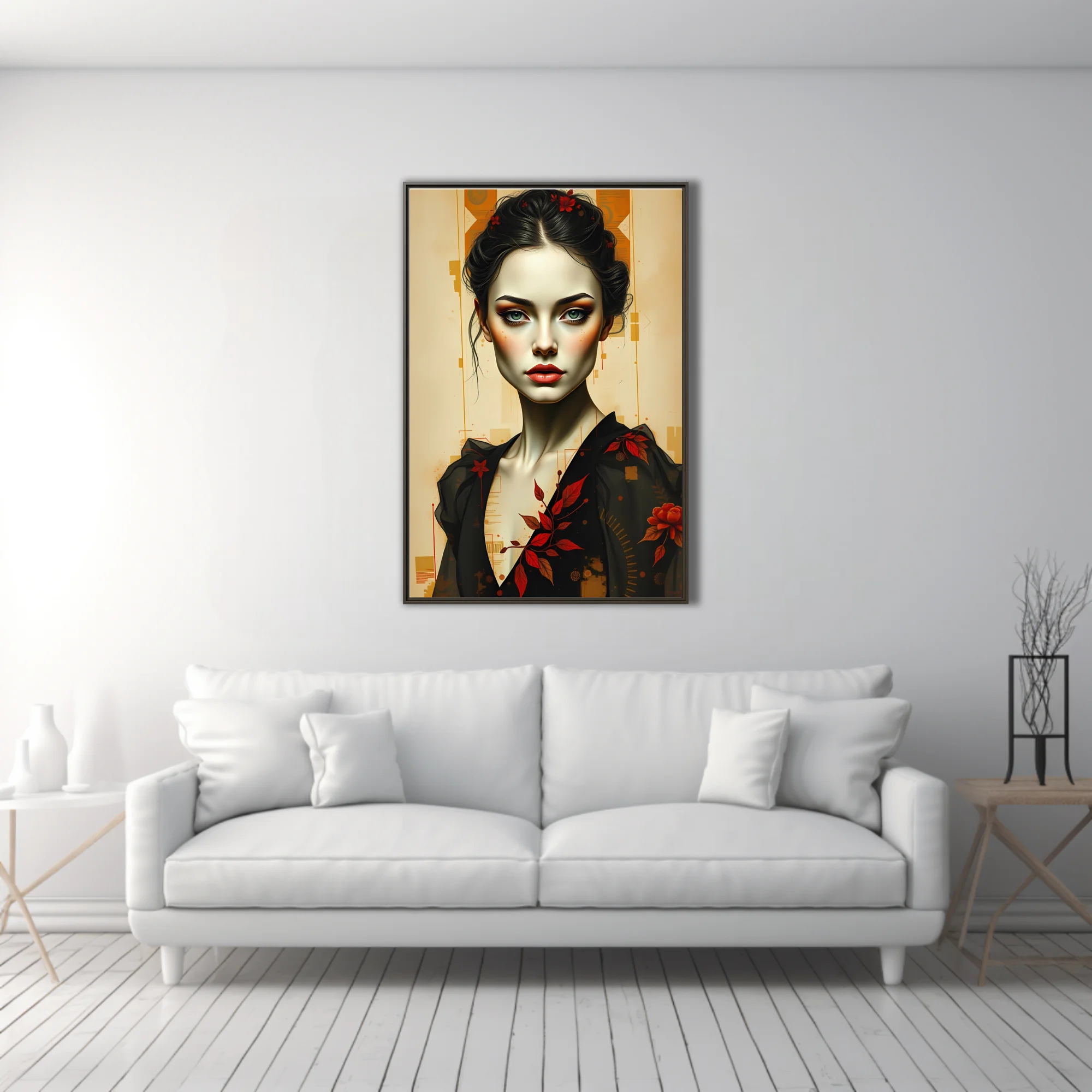 Stylized portrait illustration, pale skin, red floral motifs, black garment, amber geometric background