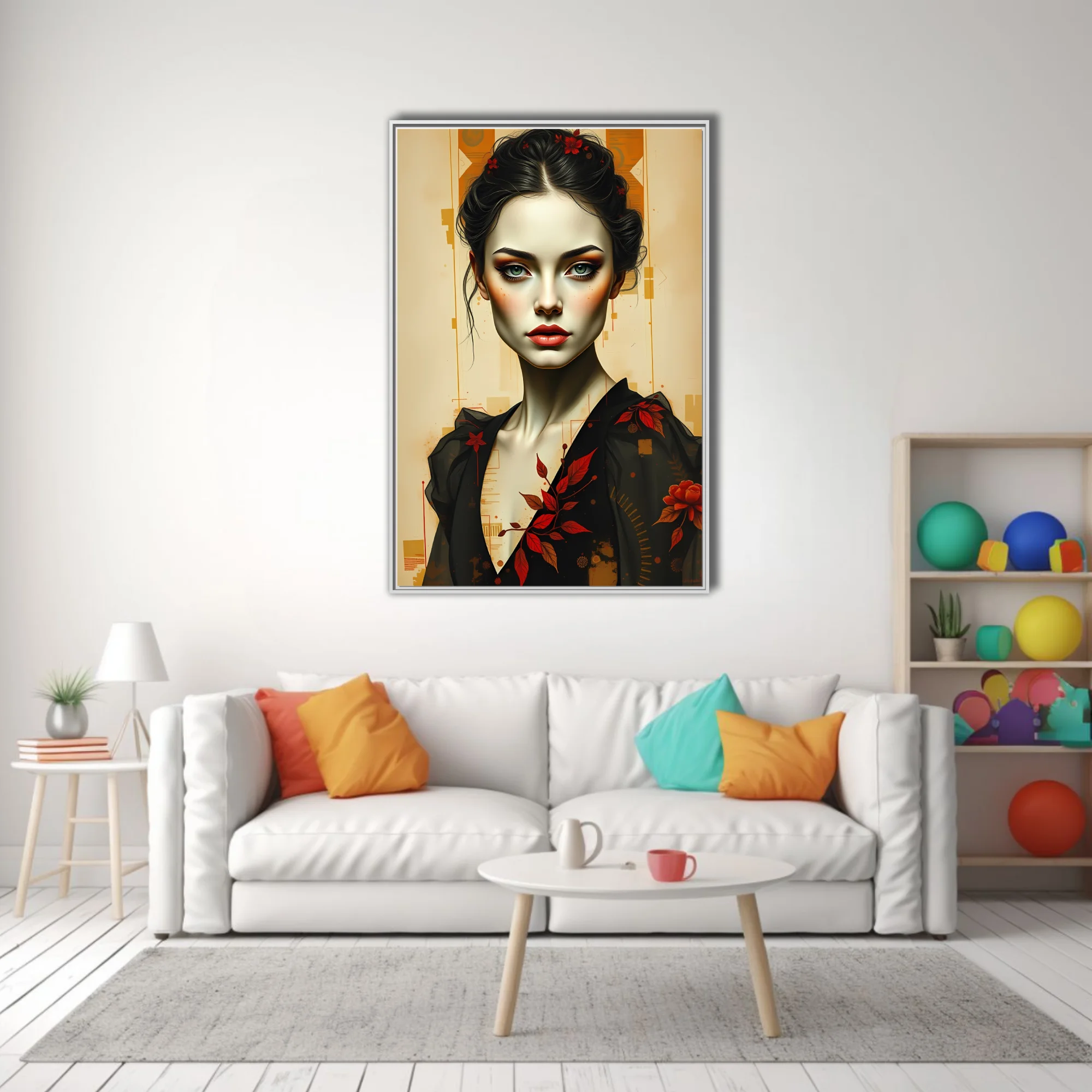 Stylized portrait illustration, pale skin, red floral motifs, black garment, amber geometric background