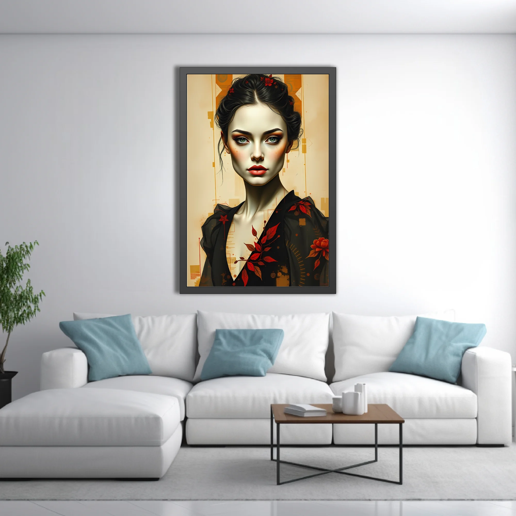 Stylized portrait illustration, pale skin, red floral motifs, black garment, amber geometric background
