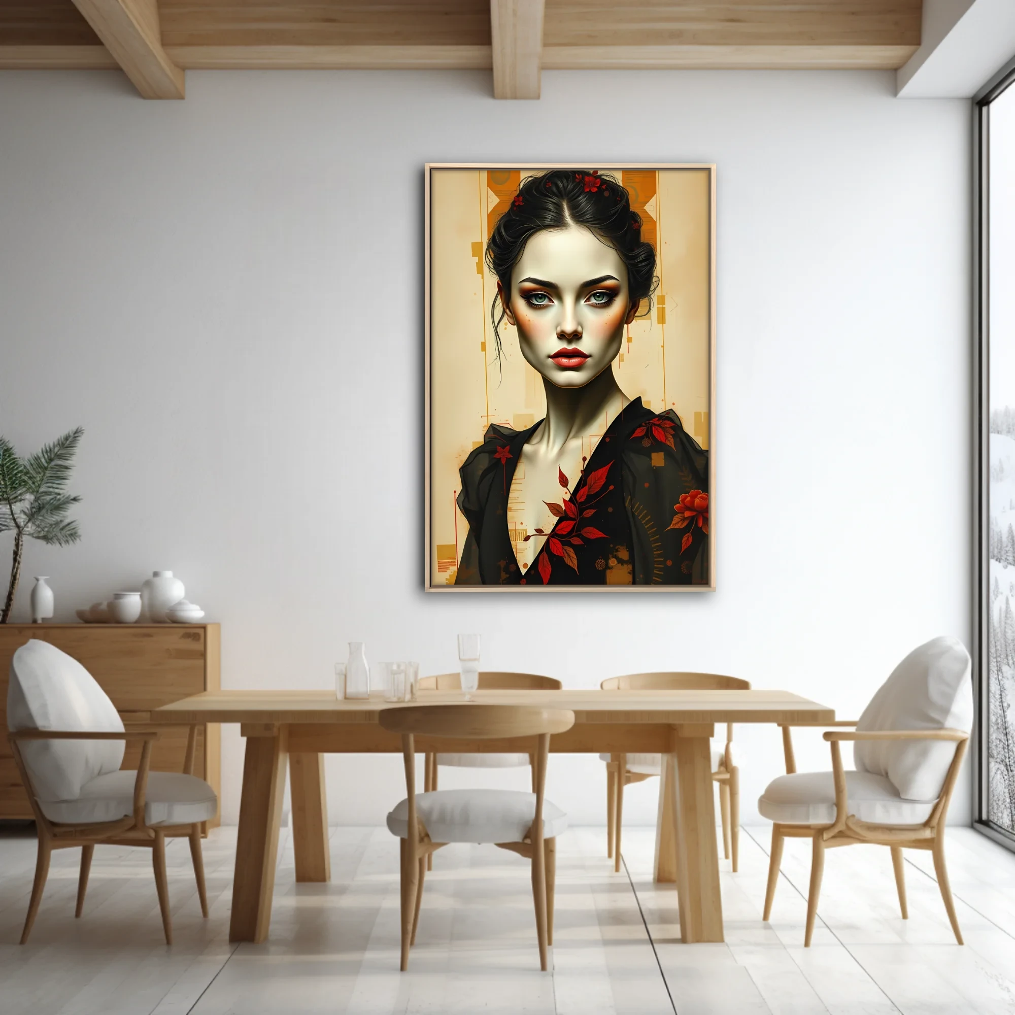 Stylized portrait illustration, pale skin, red floral motifs, black garment, amber geometric background