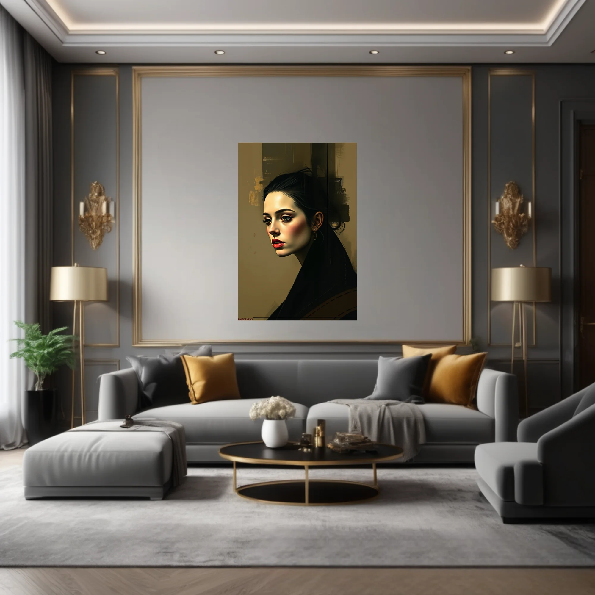 Portrait of a dark-haired woman, dramatic shadows, red lips, ochre tones