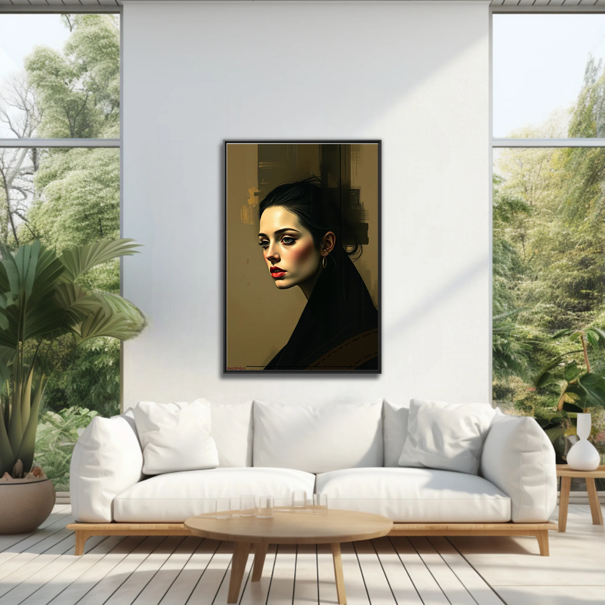 Portrait of a dark-haired woman, dramatic shadows, red lips, ochre tones