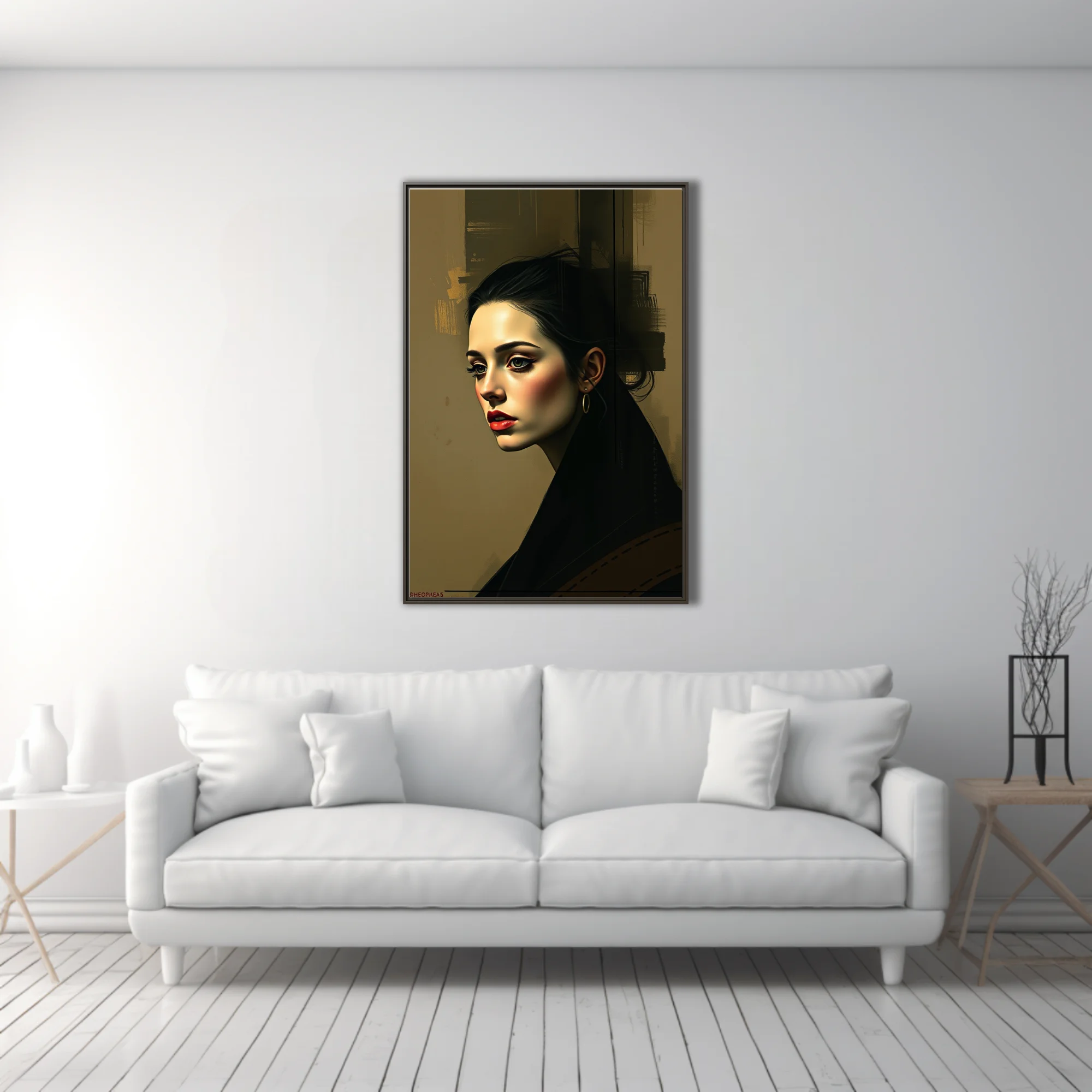 Portrait of a dark-haired woman, dramatic shadows, red lips, ochre tones