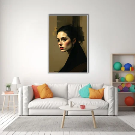 Portrait of a dark-haired woman, dramatic shadows, red lips, ochre tones