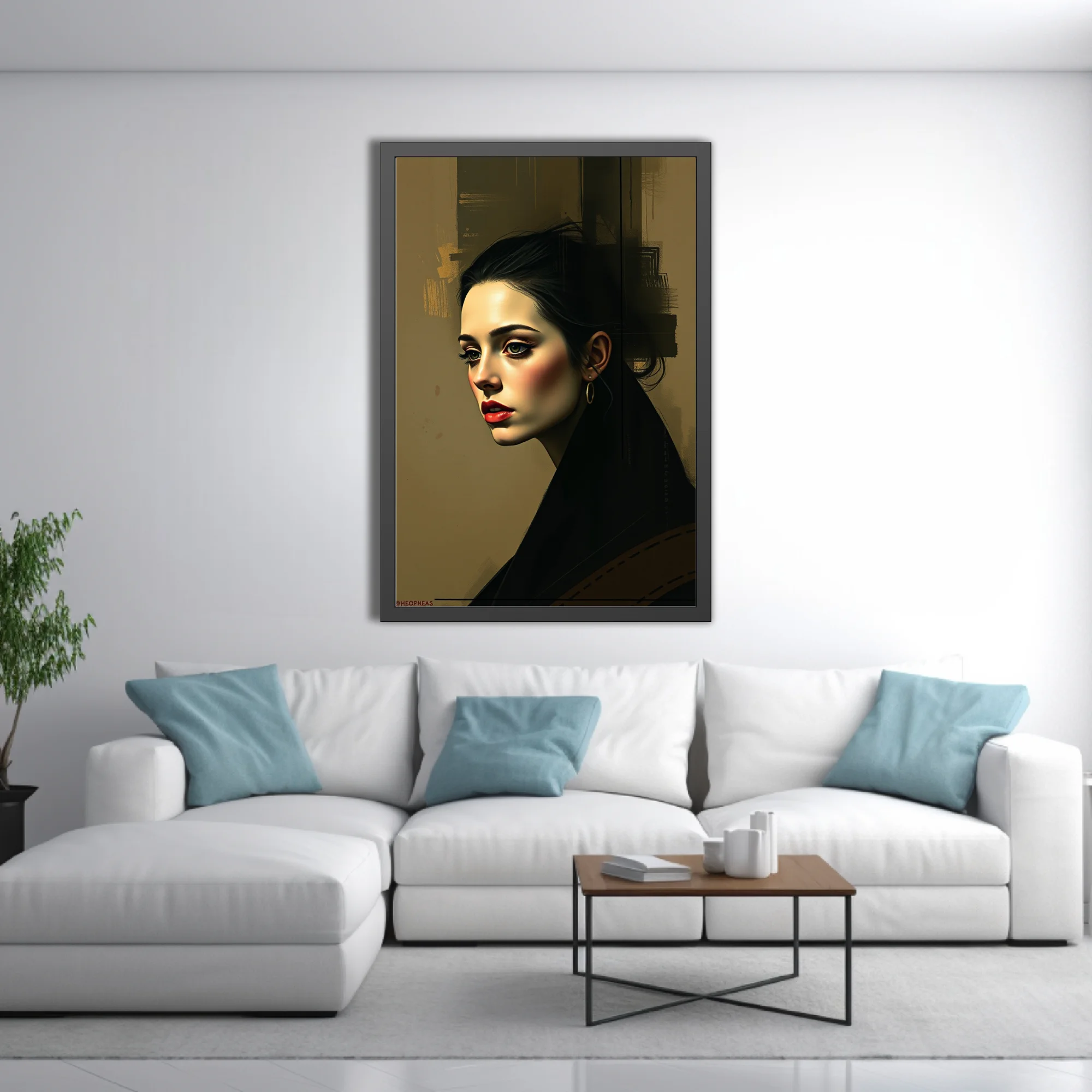 Portrait of a dark-haired woman, dramatic shadows, red lips, ochre tones