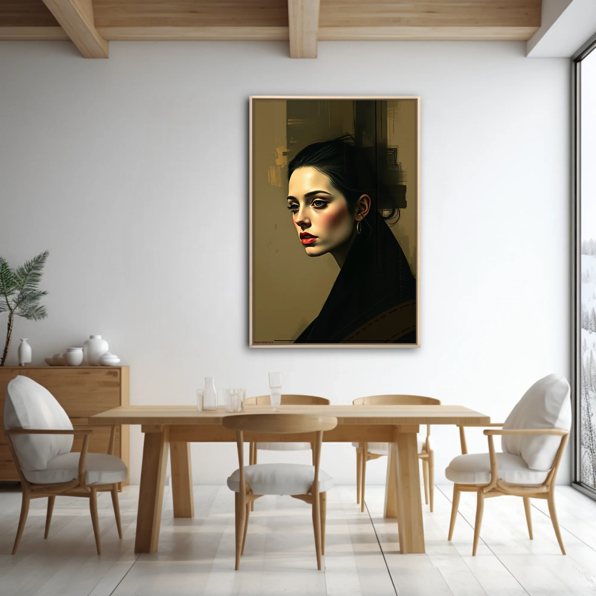 Portrait of a dark-haired woman, dramatic shadows, red lips, ochre tones