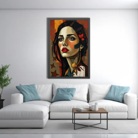 Bold-graphic woman portrait, bold red lips, graphic shadows, earthy gold tones