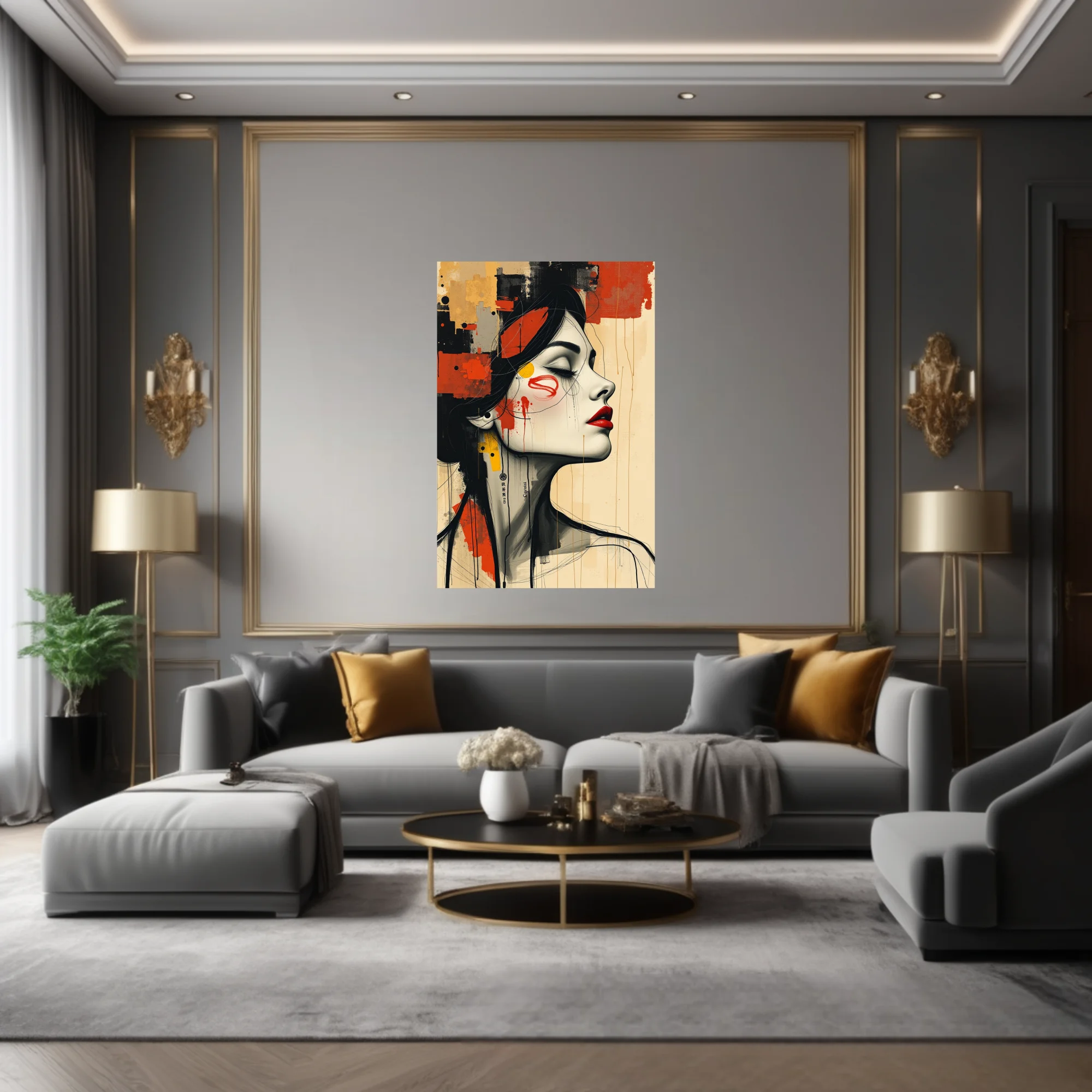 Contemporary mixed-media woman portrait with red lips, ink drips, black and ochre collage textures