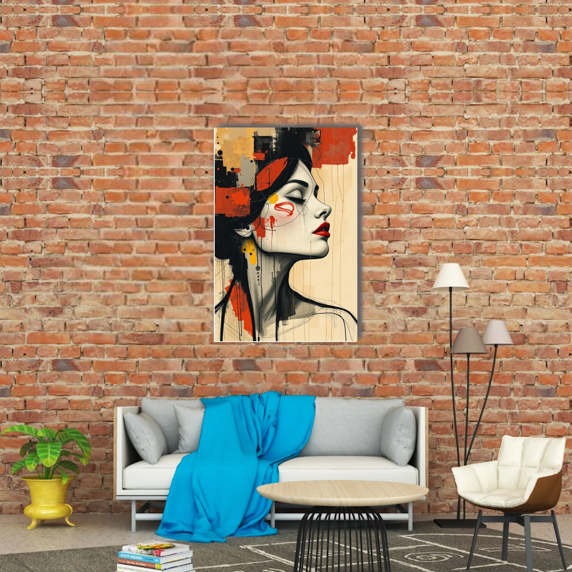 Contemporary mixed-media woman portrait with red lips, ink drips, black and ochre collage textures