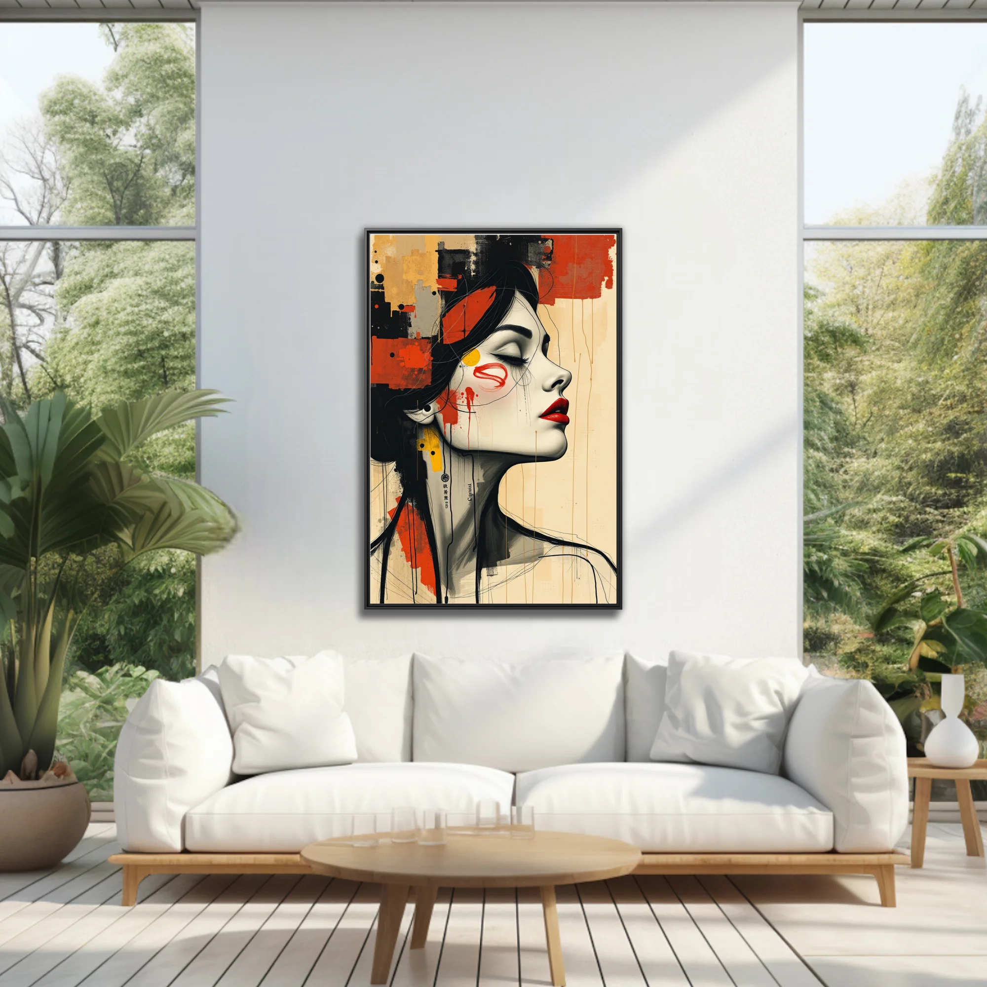 Contemporary mixed-media woman portrait with red lips, ink drips, black and ochre collage textures