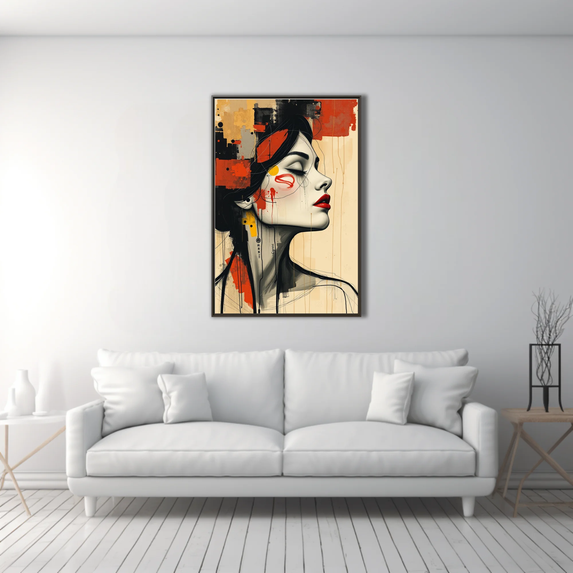 Contemporary mixed-media woman portrait with red lips, ink drips, black and ochre collage textures