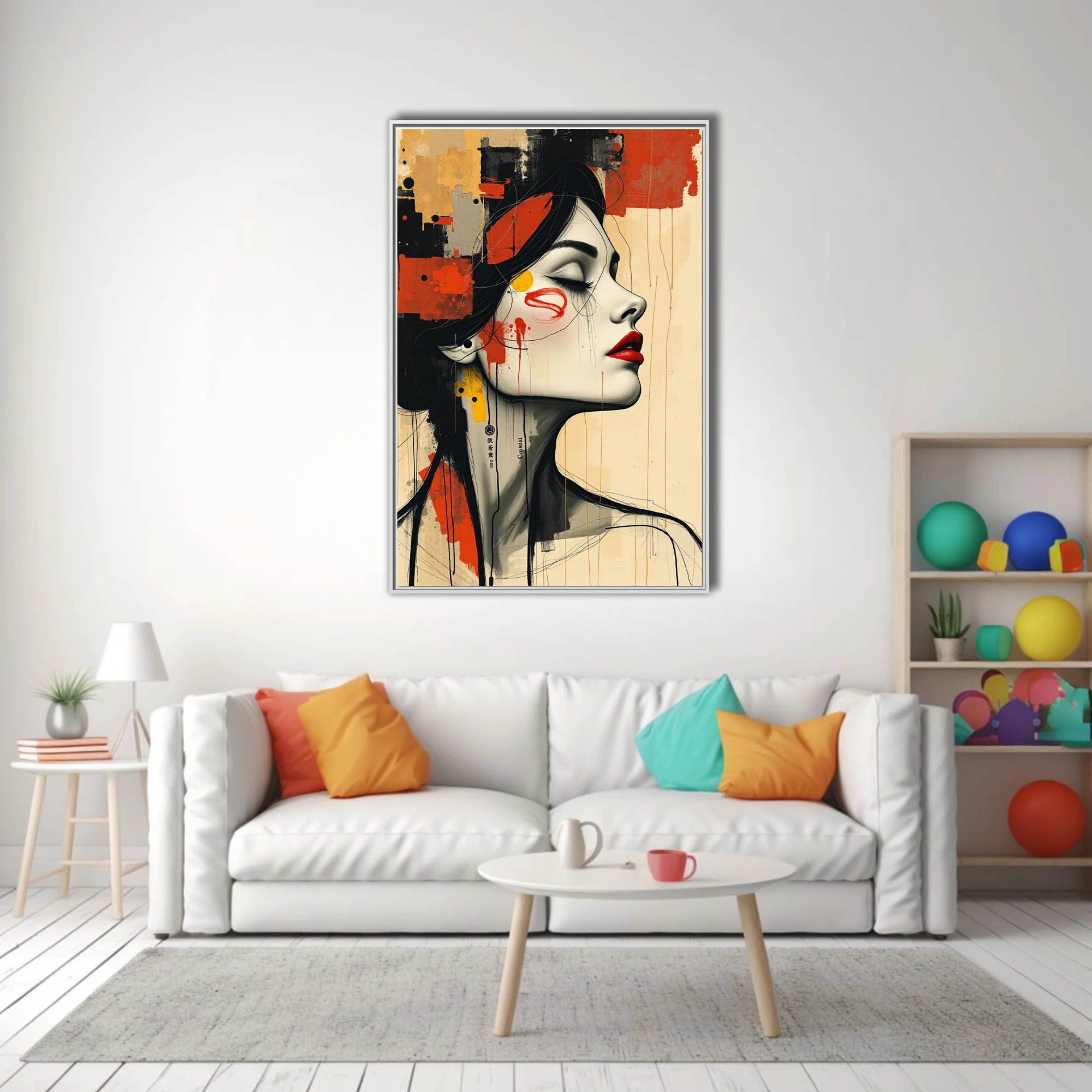 Contemporary mixed-media woman portrait with red lips, ink drips, black and ochre collage textures