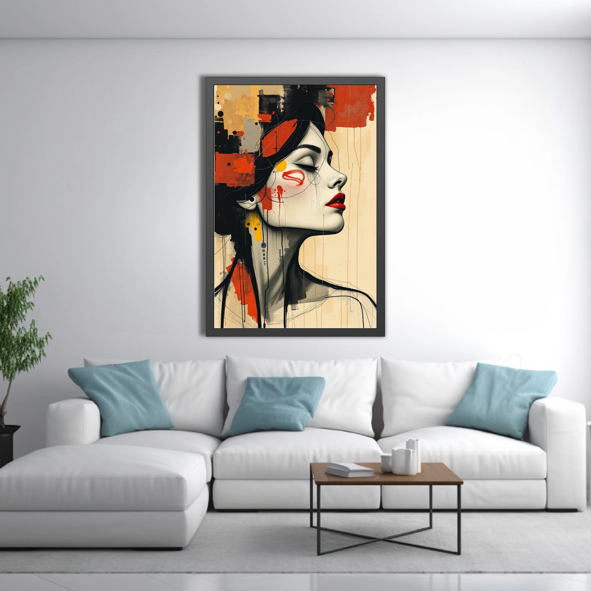 Contemporary mixed-media woman portrait with red lips, ink drips, black and ochre collage textures