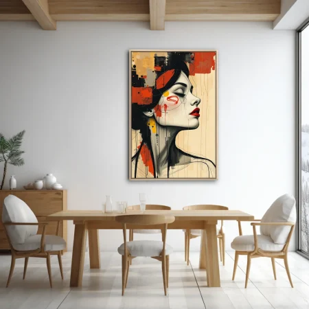 Contemporary mixed-media woman portrait with red lips, ink drips, black and ochre collage textures