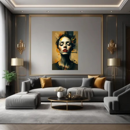 Dreamlike mixed-media woman portrait, amber palette, red lips, botanical collage