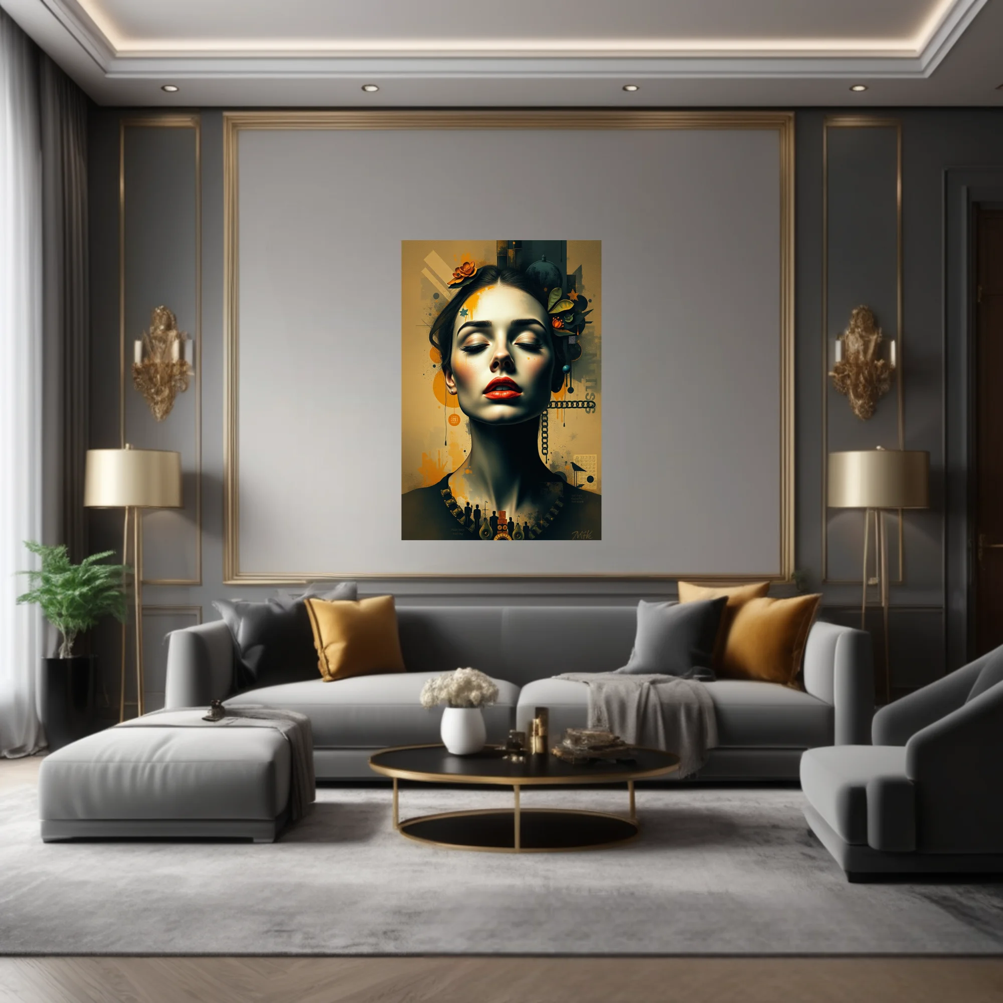 Dreamlike mixed-media woman portrait, amber palette, red lips, botanical collage