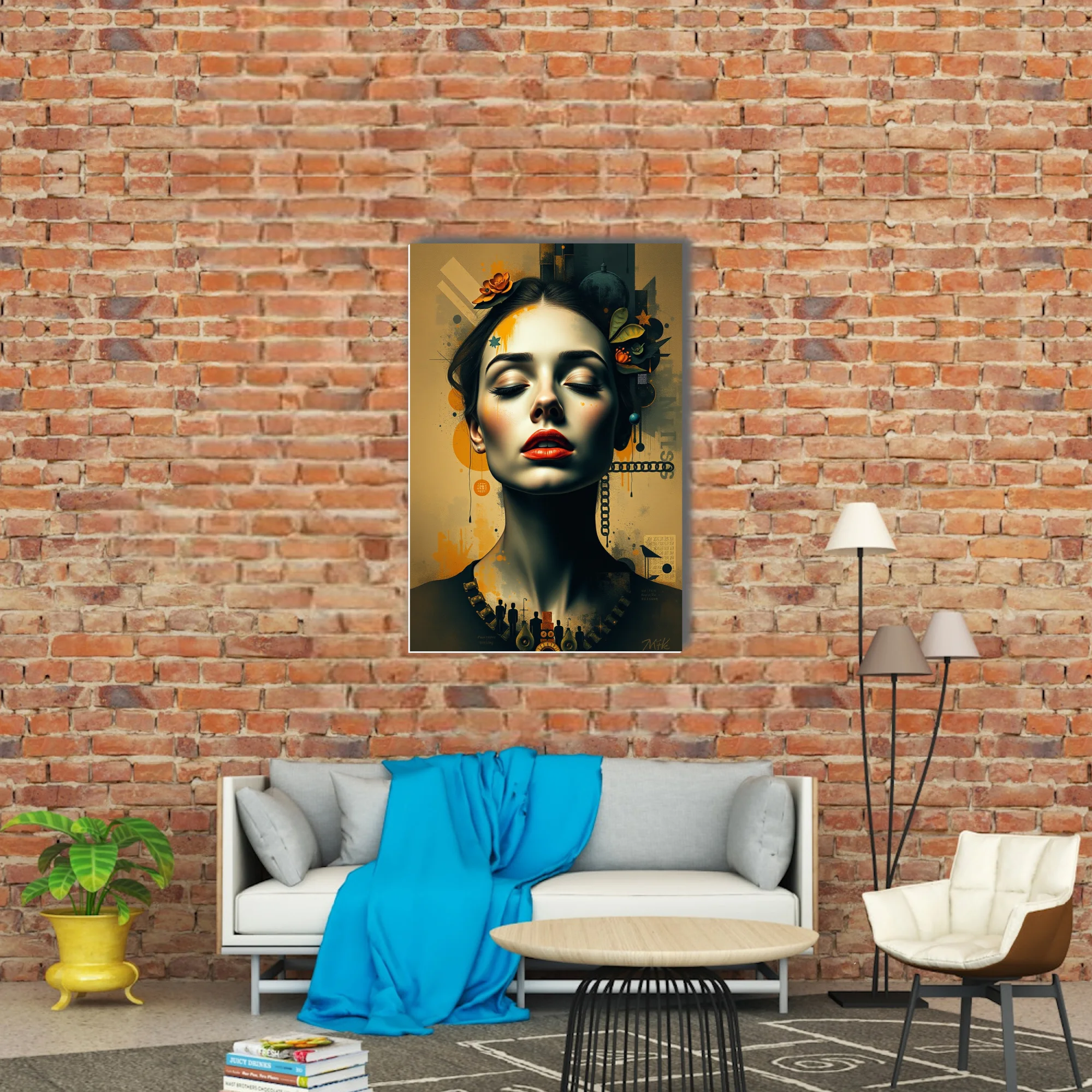 Dreamlike mixed-media woman portrait, amber palette, red lips, botanical collage