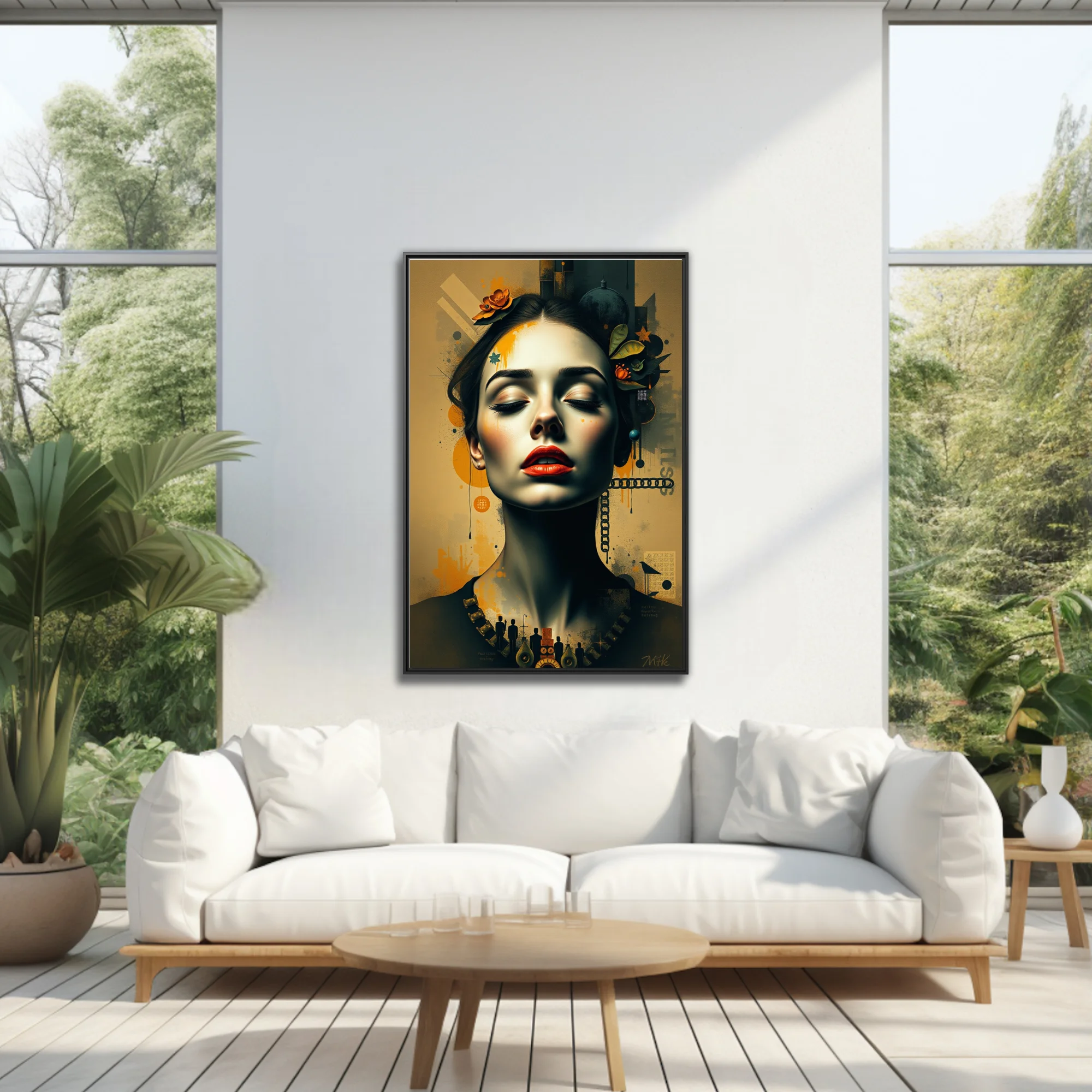 Dreamlike mixed-media woman portrait, amber palette, red lips, botanical collage