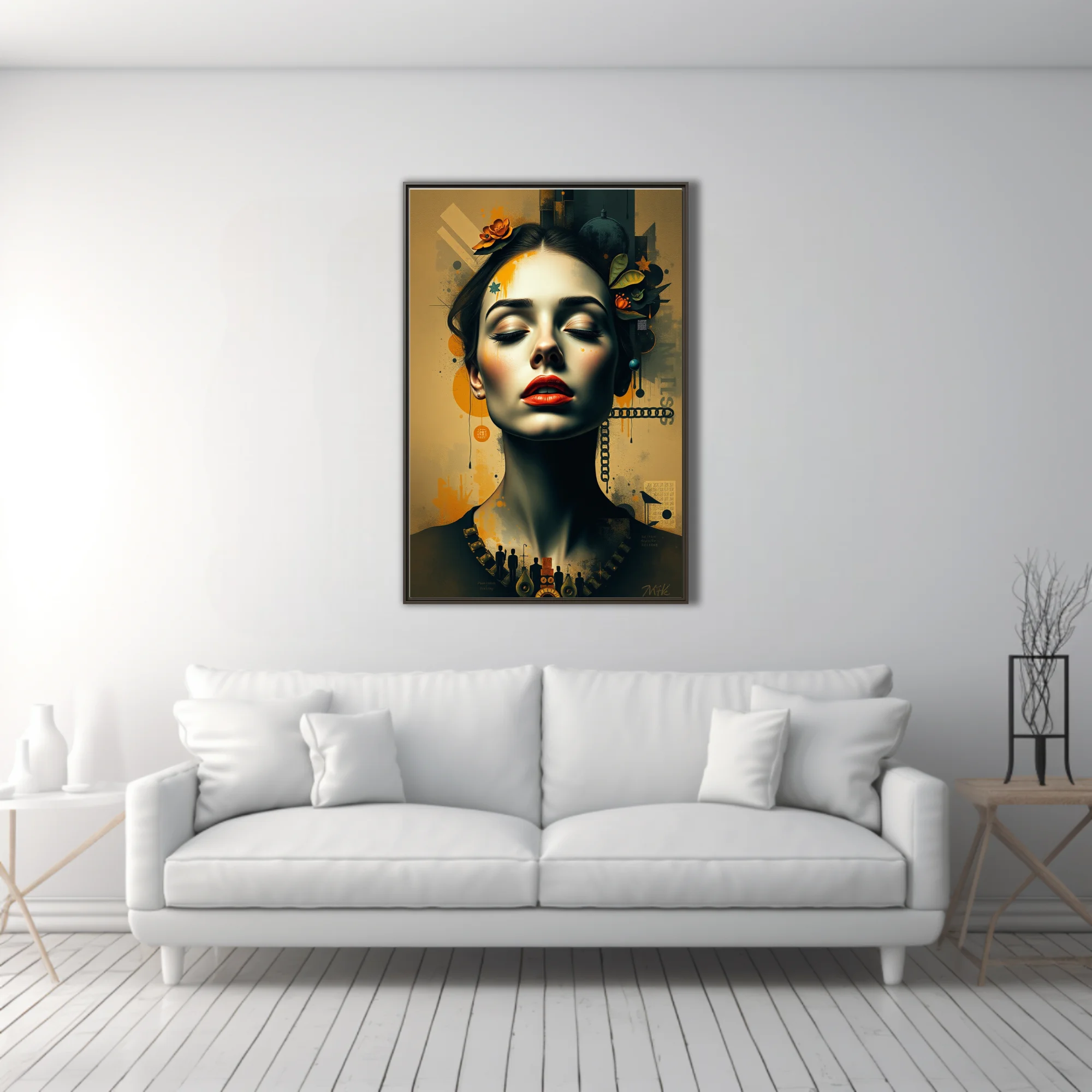 Dreamlike mixed-media woman portrait, amber palette, red lips, botanical collage