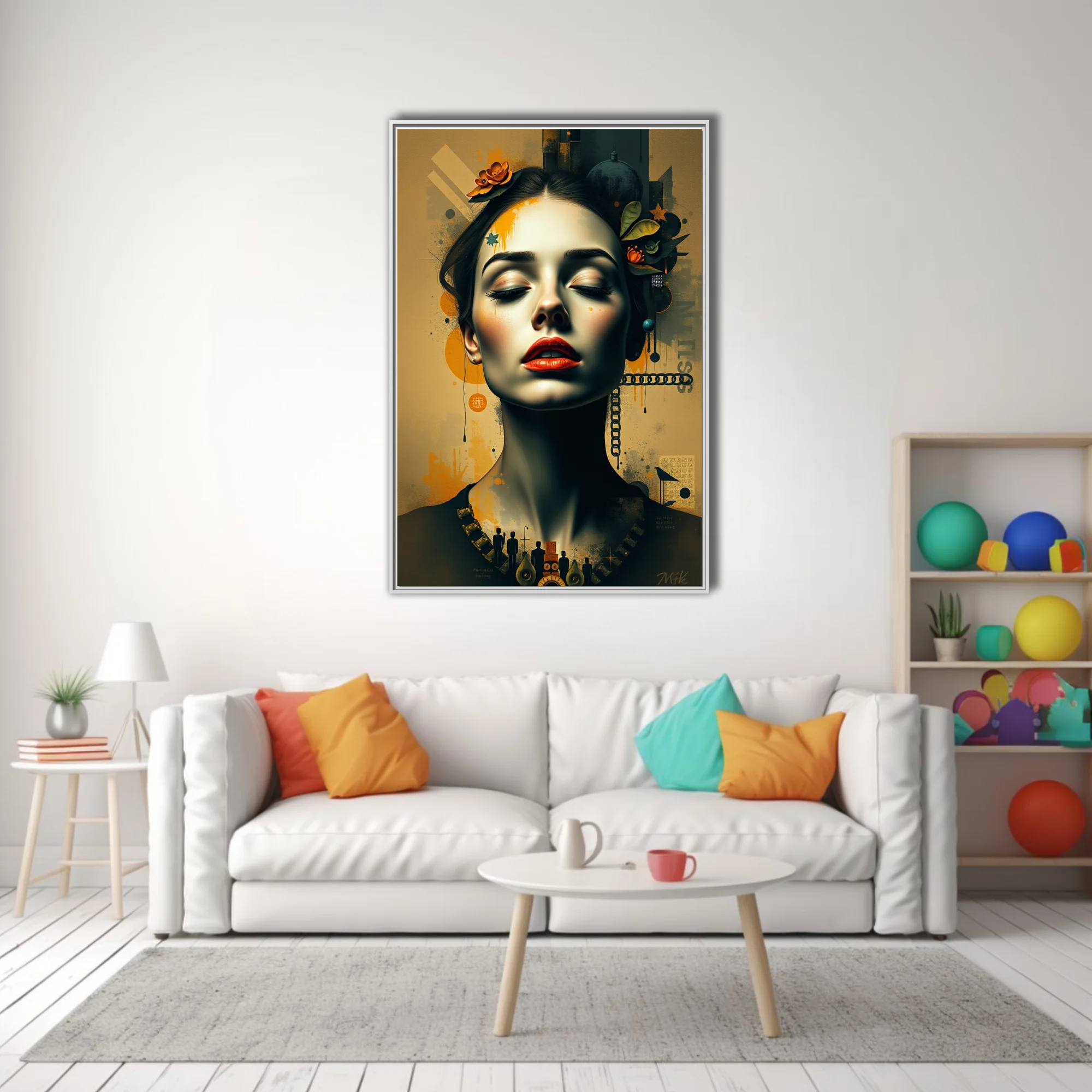 Dreamlike mixed-media woman portrait, amber palette, red lips, botanical collage