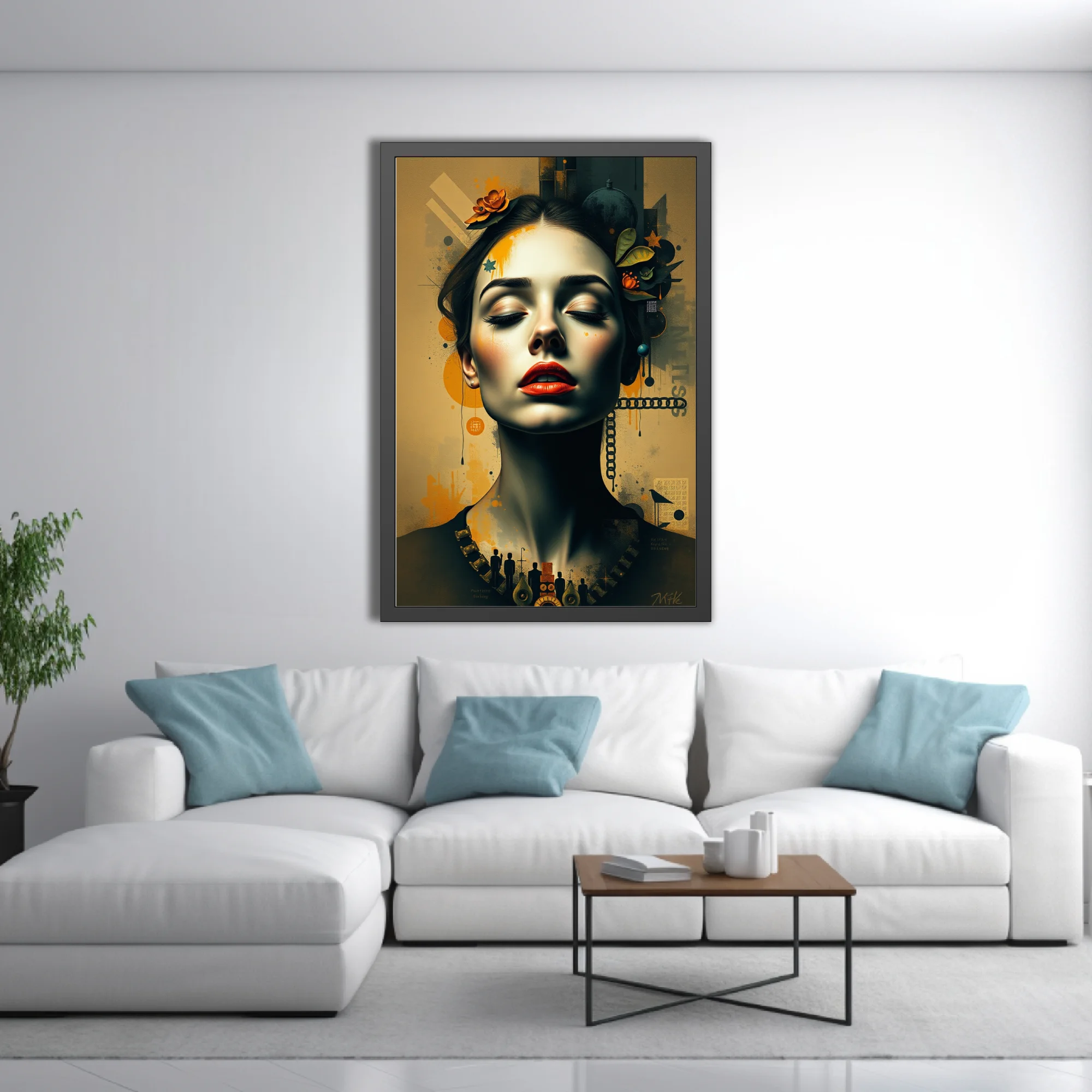 Dreamlike mixed-media woman portrait, amber palette, red lips, botanical collage